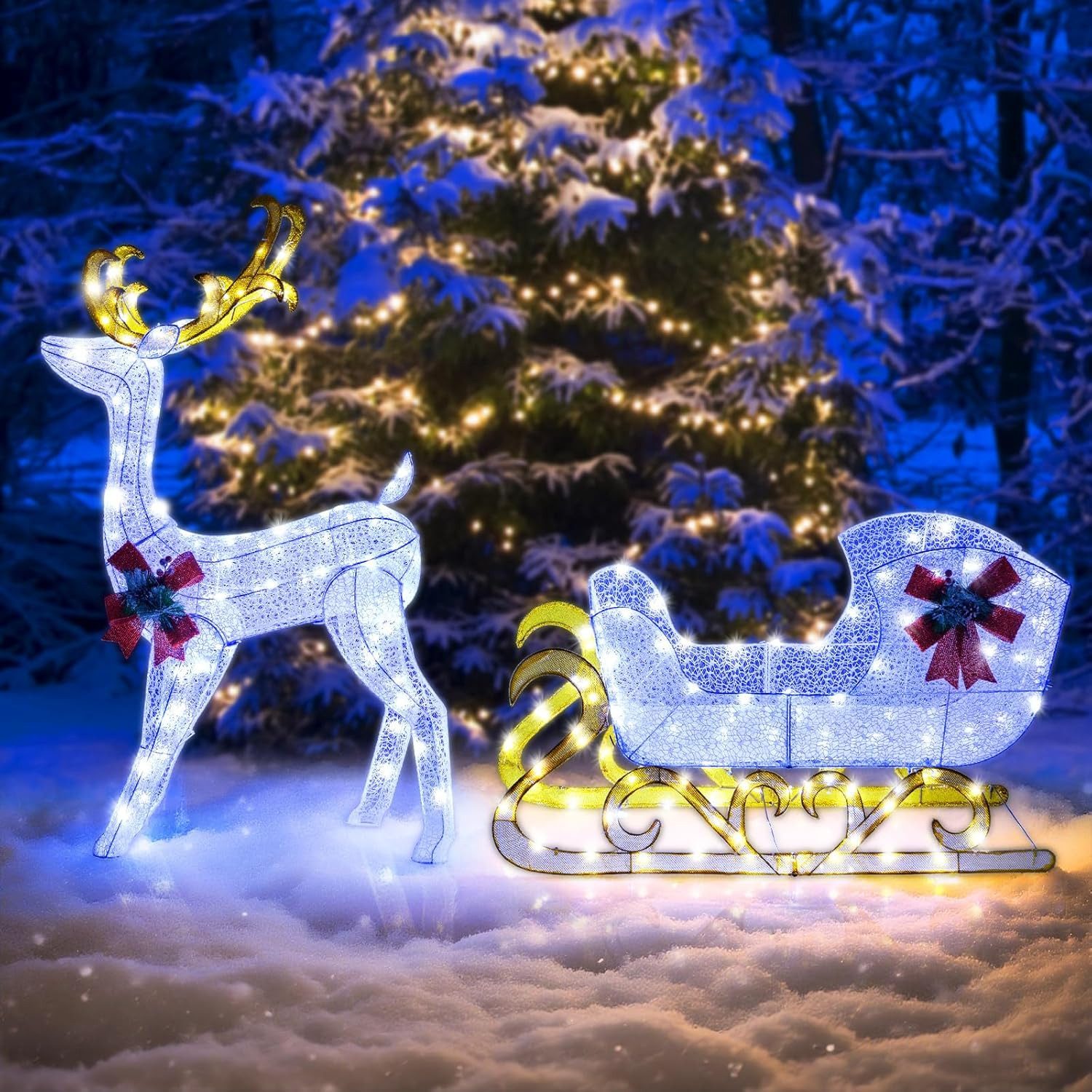 KOMFOTTEU Weihnachtsfigur LED-Rentier mit Schlitten, Vorbeleuchtete günstig online kaufen