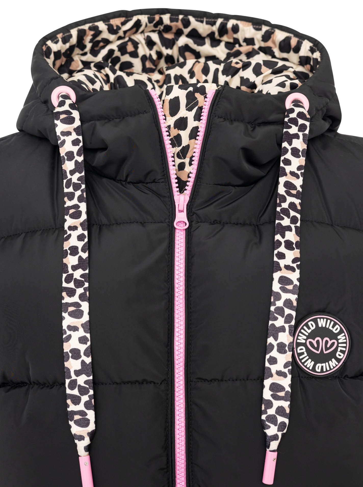 Zwillingsherz Steppweste "Wild Hearts" Leo-Muster, Taschen seitlich, modisch, Doppel-Zipper, extra lang – Bild 5 von 5