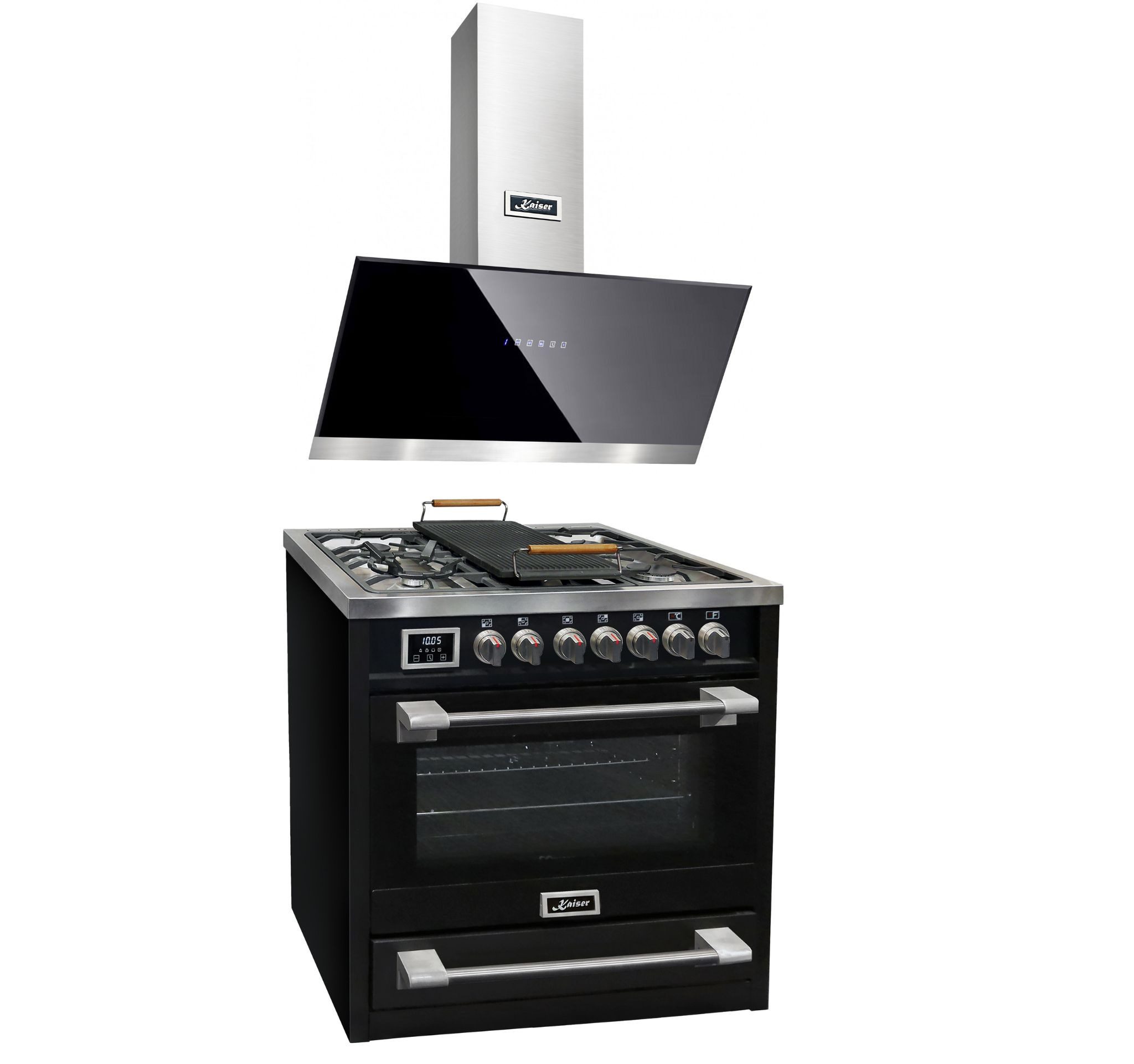 Kaiser Küchengeräte Gasherd-Set Gas Elektro Standherd 90 cm Range Coocker+Dunstabzugshaube,90 cm HGE 93505 S+ AT 9440 ECO., mit 1-fach-Teleskopauszug