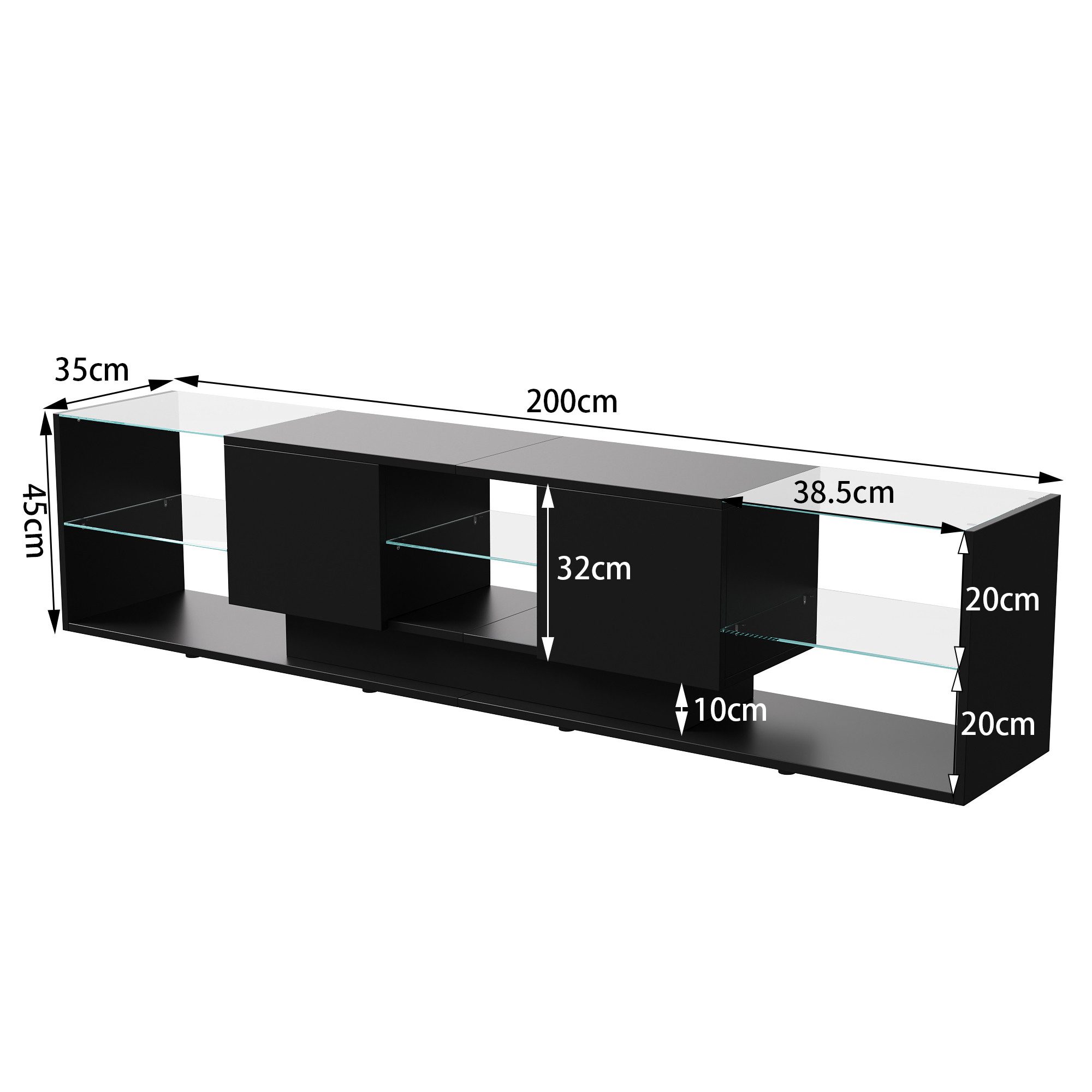 Furnishings Home TV-Schrank LED Lowboard TV-Board, Lange 200 cm (1-St., Hochglänzender quadratischer, 200 x 35 x 45 cm) Mit 2 Schubladen, Glastrennwand und 16-farbigen variablen LED-Leuchten