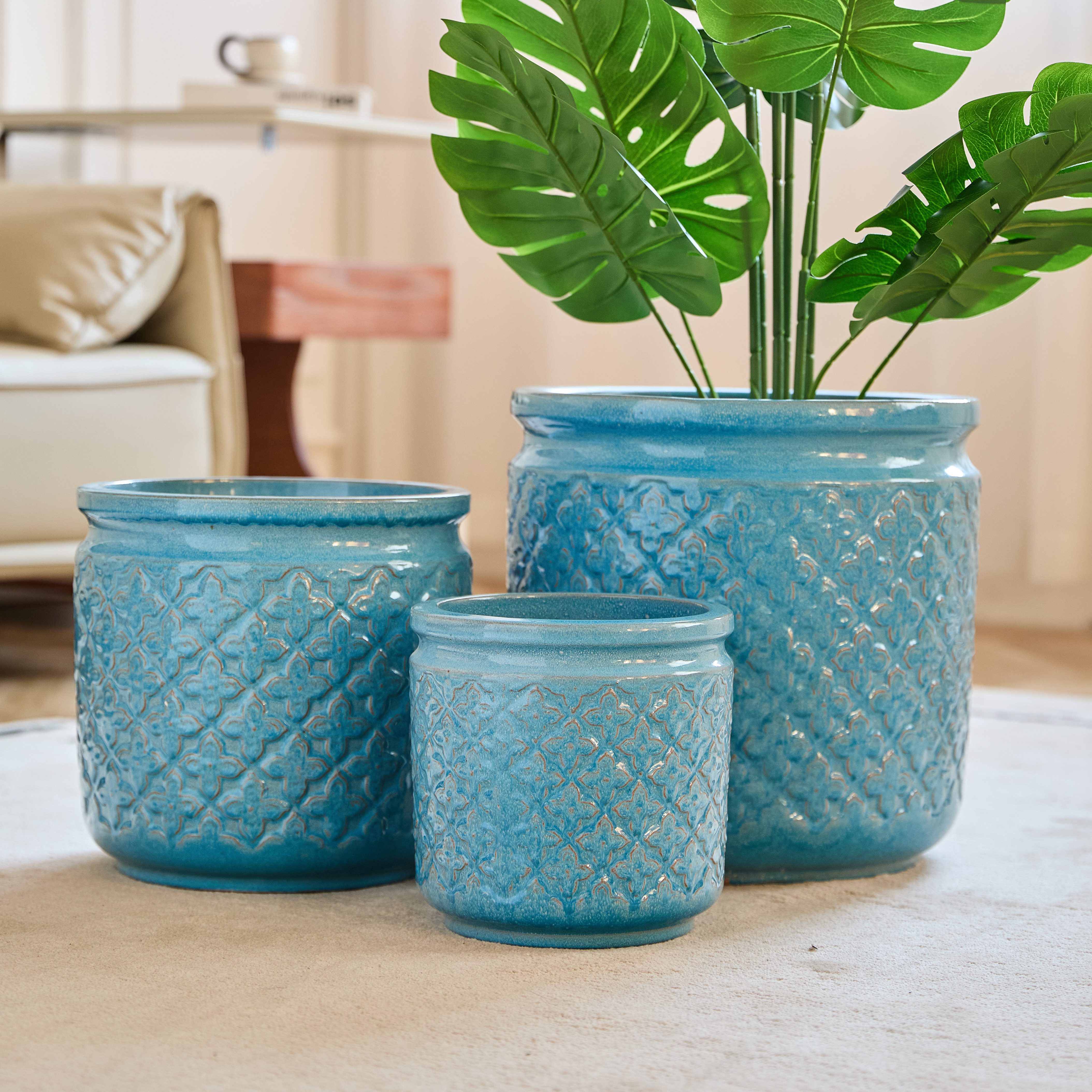 Rolipo Blumentopf großes Keramikpflanztopf-Set, Frost&hitzebeständig mit Ablaufloch (3 St., Gartendekoration), Ablaufloch, Antik-Blau glänzend, Geometrie-Muster für Innen & Außen