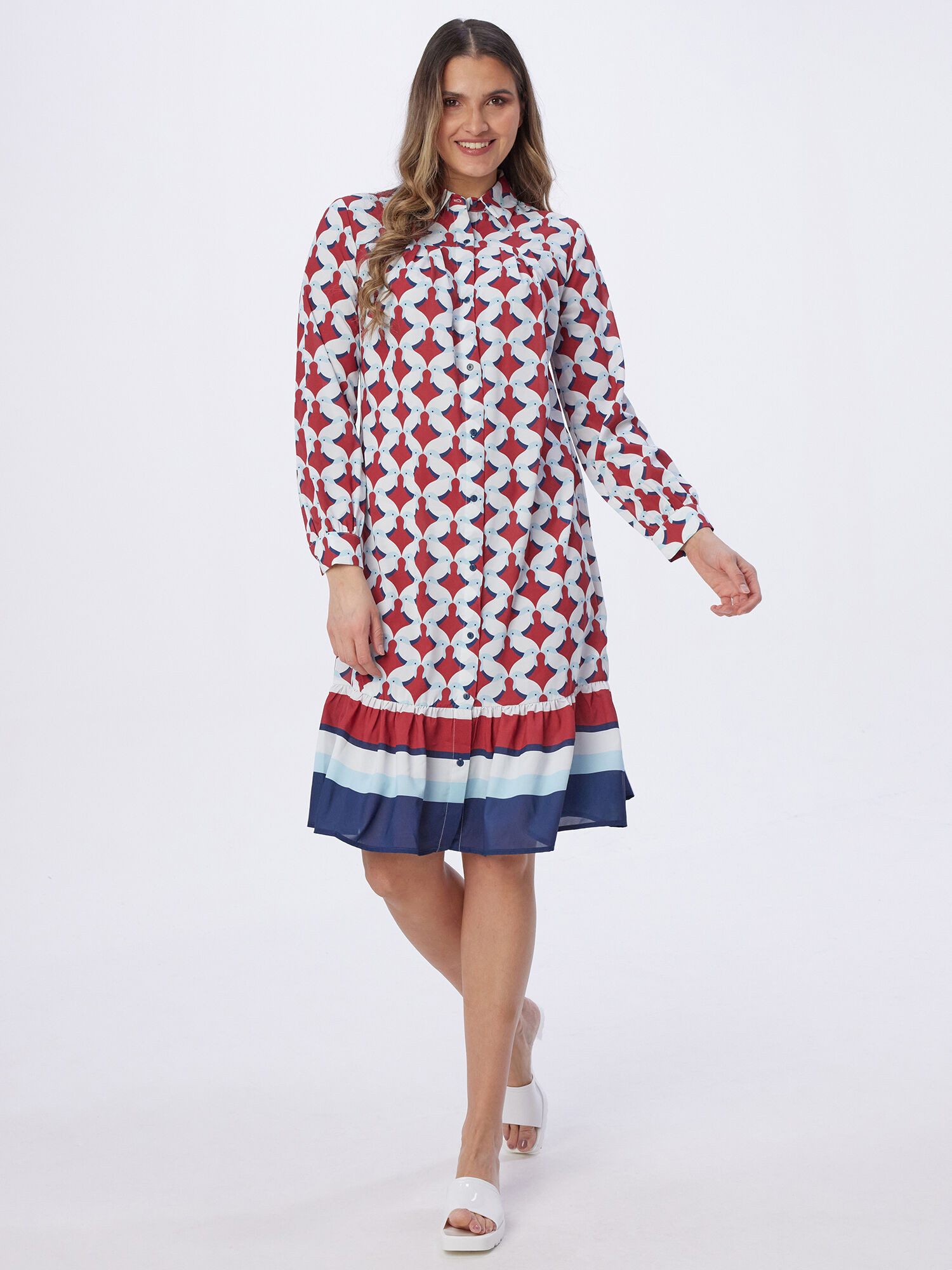 MIALUSSO Hemdblusenkleid Longbluse Hemdblusenkleid Damen Kleid mit Vogelprint & Volantsaum, durchgehende Knopfleiste