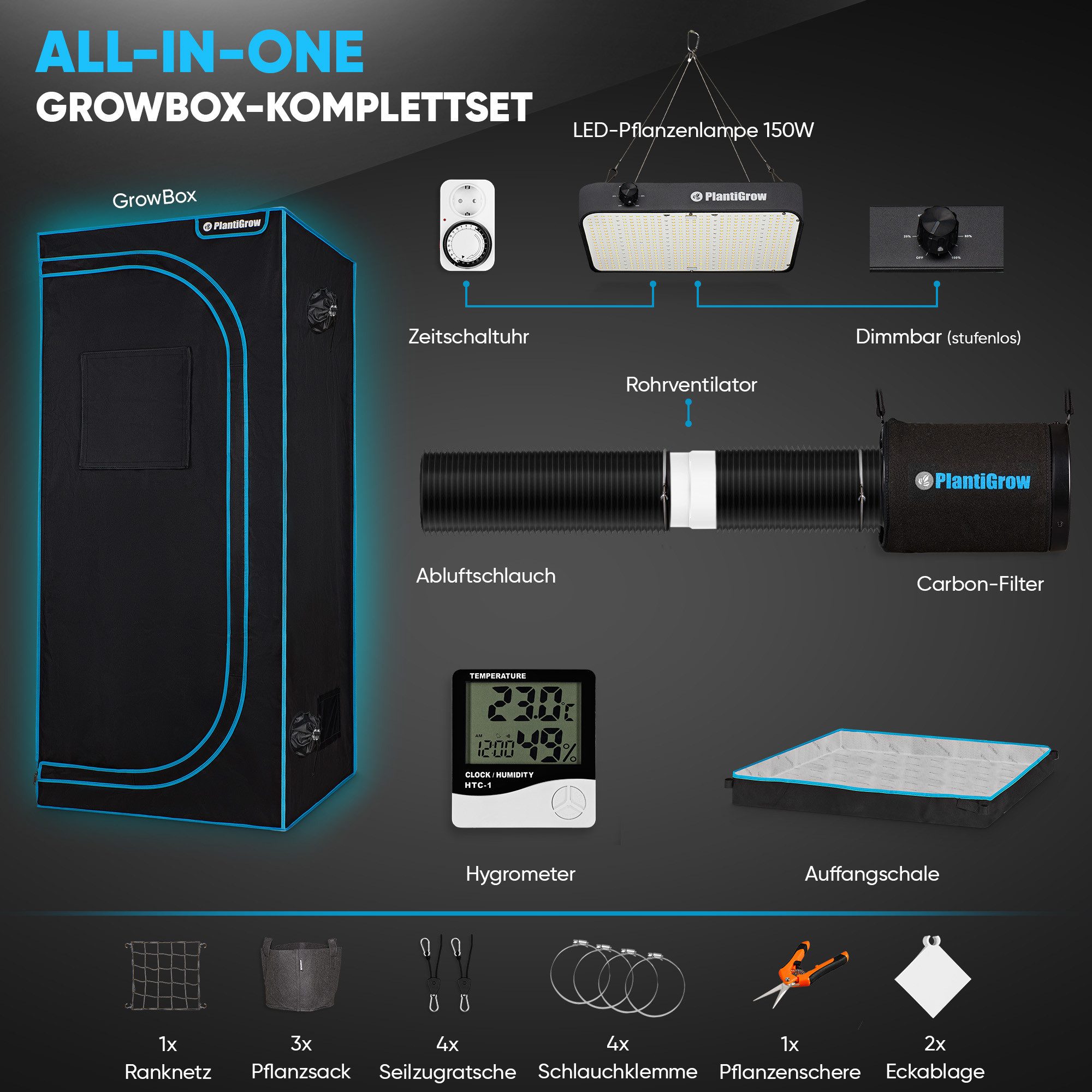 PlantiGrow Gewächshaus PlantiGrow Growbox Komplettset – Indoor Gewächshaus, mit 150W Vollspektrum LED Lampe (Dimmbar), 1680D, Carbon-Filter, Inline-Kanalventilator, Abluftschlauch, Anzuchtzelt, Zuchtzelt