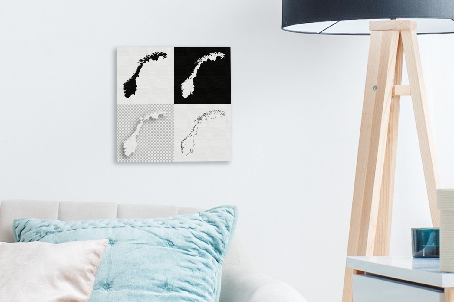 OneMillionCanvasses® Leinwandbild Leinwand Norwegen Wohnzimmer Schwarz-Weiß-Illustration für Schlafzimmer in von vier Bilder St), Stilen, (1