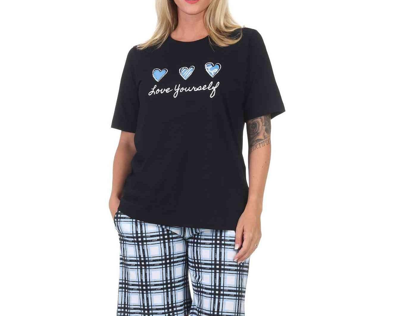 Normann Pyjama Normann Damen Pyjama mit karierter Capri Hose - auch in Übergrößen
