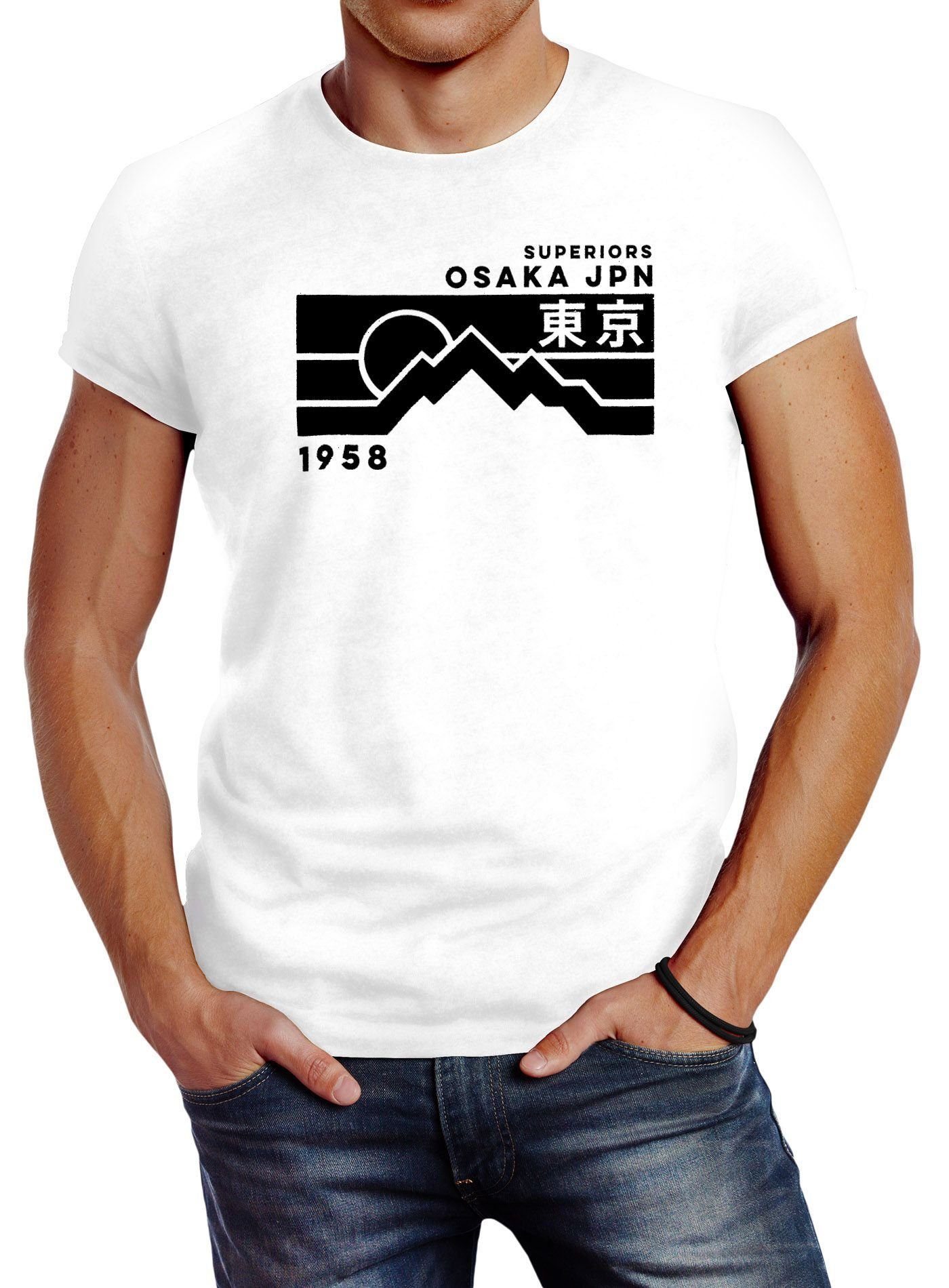 Neverless Print-Shirt Herren T-Shirt Osaka Japan Superiors Mountain Retro Design Printshirt Neverless® mit Print weiß