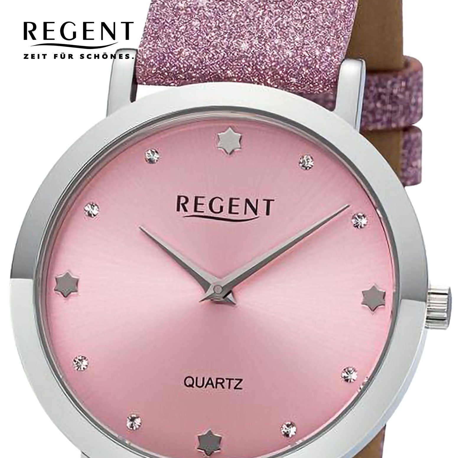 Armbanduhr groß (ca. Damen Analog, Quarzuhr extra 32,5mm), rund, Regent Damen Armbanduhr Lederarmband Regent