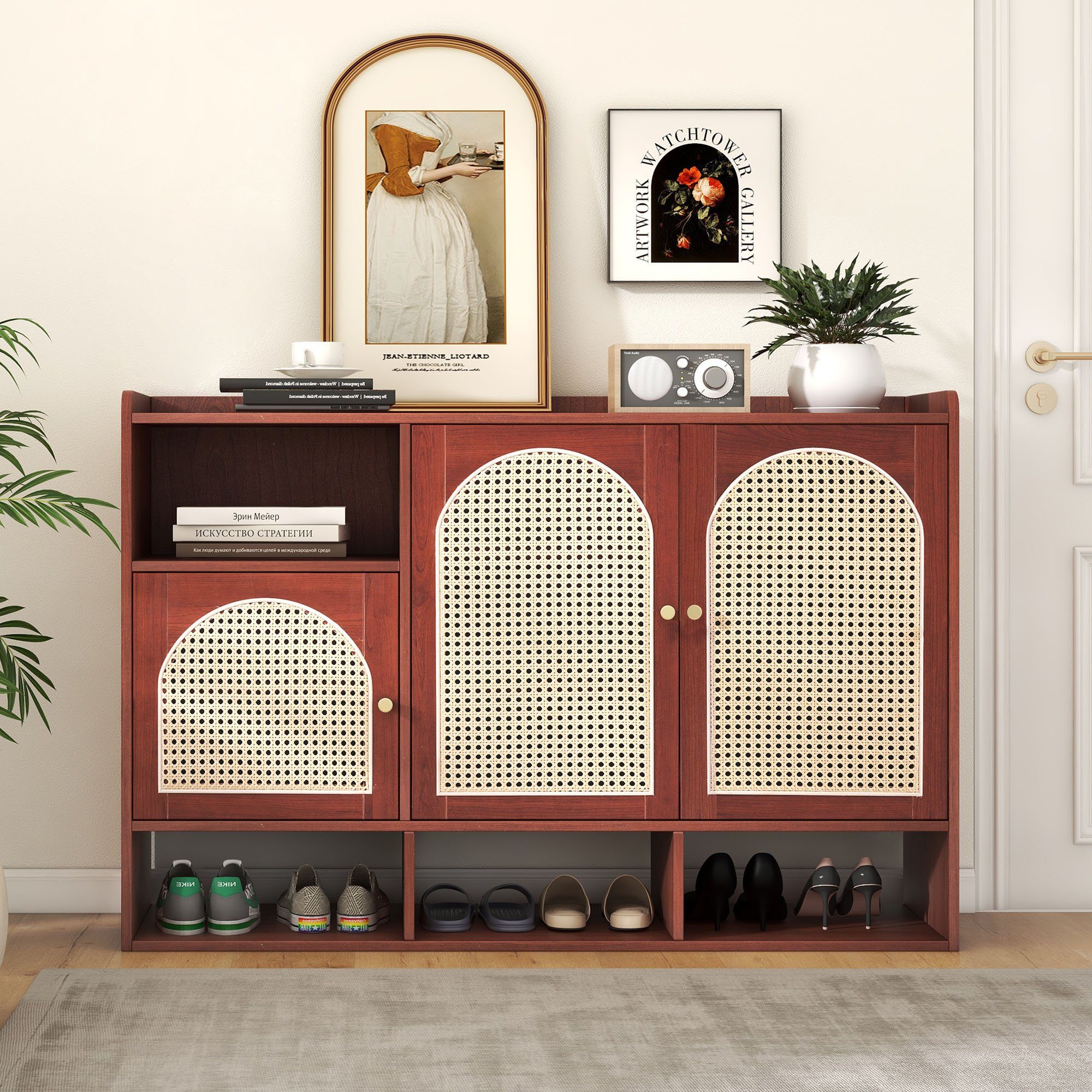 Merax Sideboard multifunktion mit verstellbaren Einlegeböden, Kommode mit Rattantüren, Schuhschrank Landhausstil, B/H/T:120/80/36cm