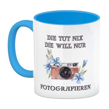 speecheese Tasse Fotografieren Kaffeebecher in hellblau mit Spruch Die tut nix will