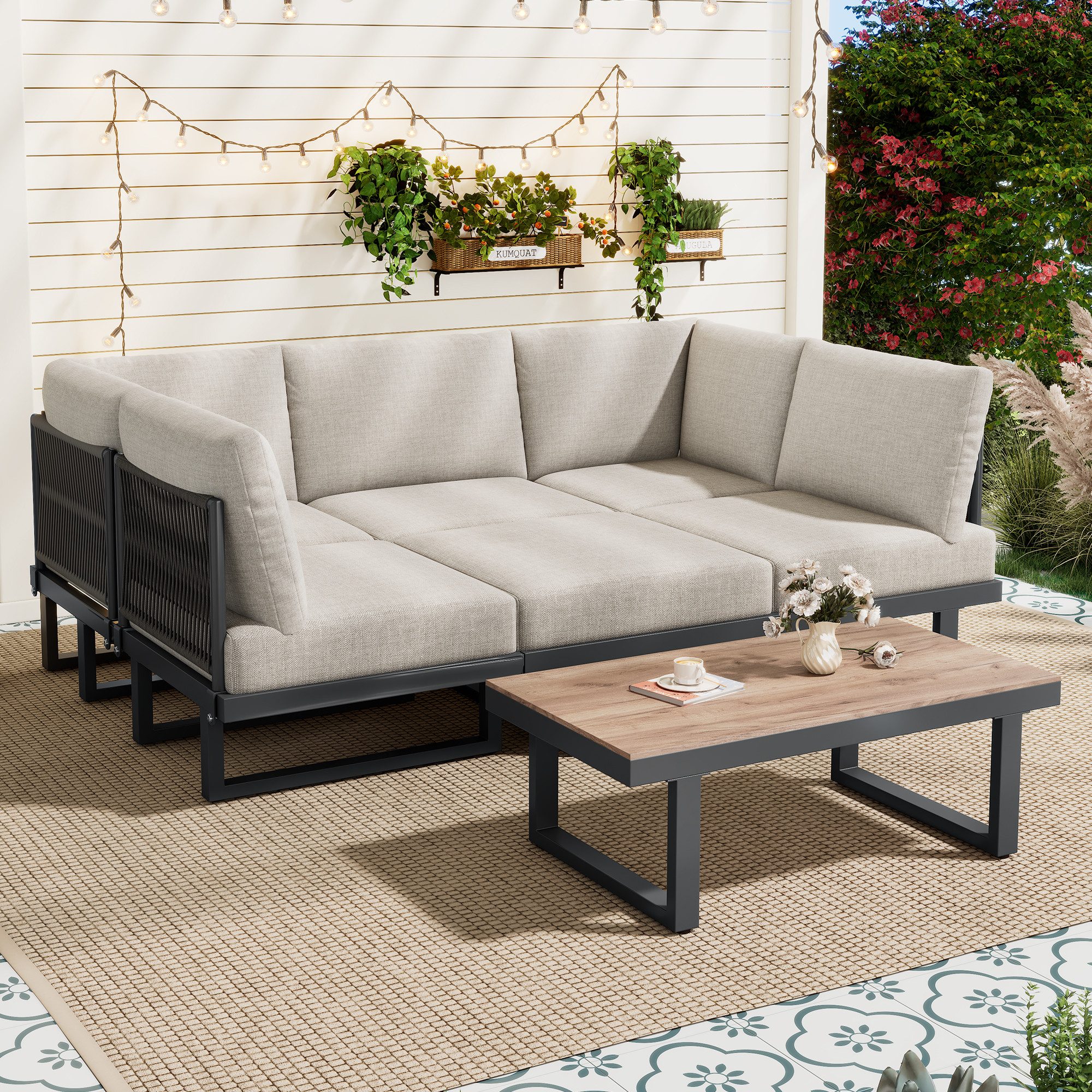 Merax Gartenlounge-Set aus verzinktem Stahl und geflochtenem Seil, (5-tlg., Sitzgruppe Gartengarnitur umwandelbar Liegebett), 6-Sitzer Gartenmöbel-Set mit Couchtisch, Verwandelbares Sofabett, Grau