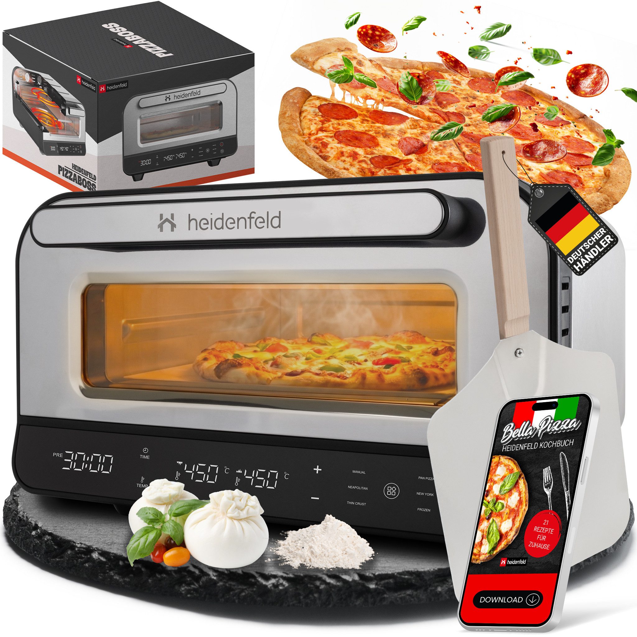 Heidenfeld Pizzaofen Pizzaofen Pizzaboss bis 450 °C inkl. Pizzaschieber & Rezeptbuch, Pizzaofen mit Pizzastein, elektrischer Pizzaofen