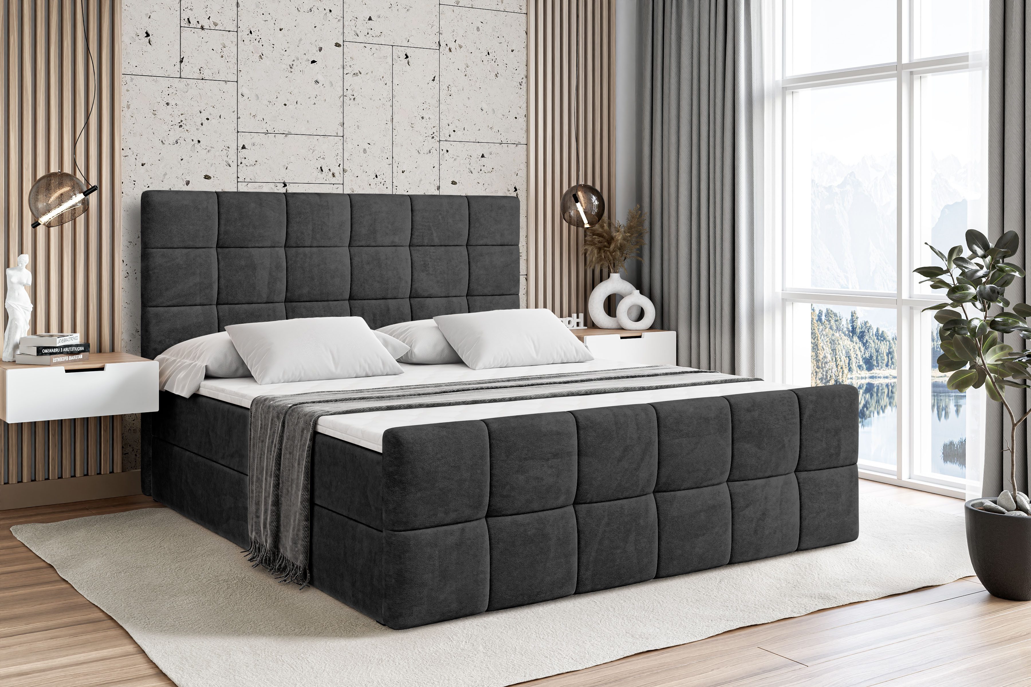 ALTDECOR Boxbett BRUGO-Z (mit Matratze Lattenrost Topper Polsterbett mit Bettkasten Doppelbett), H4 Multipocket / H3 Bonellfederung, Springboxbett Boxspringbett