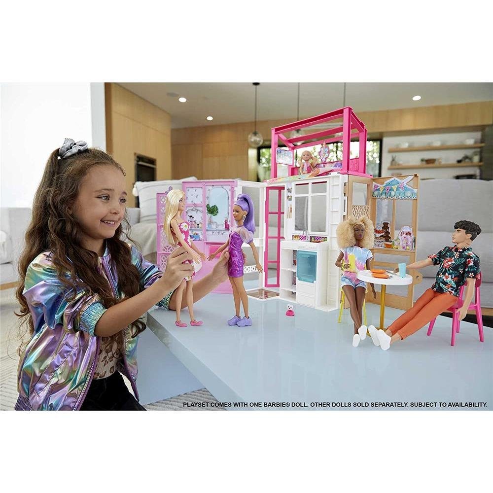 Mattel® Puppenhaus Barbie Haus und Puppe, Puppenhaus-Spielset mit 2 Ebenen  komplett eingerichtet