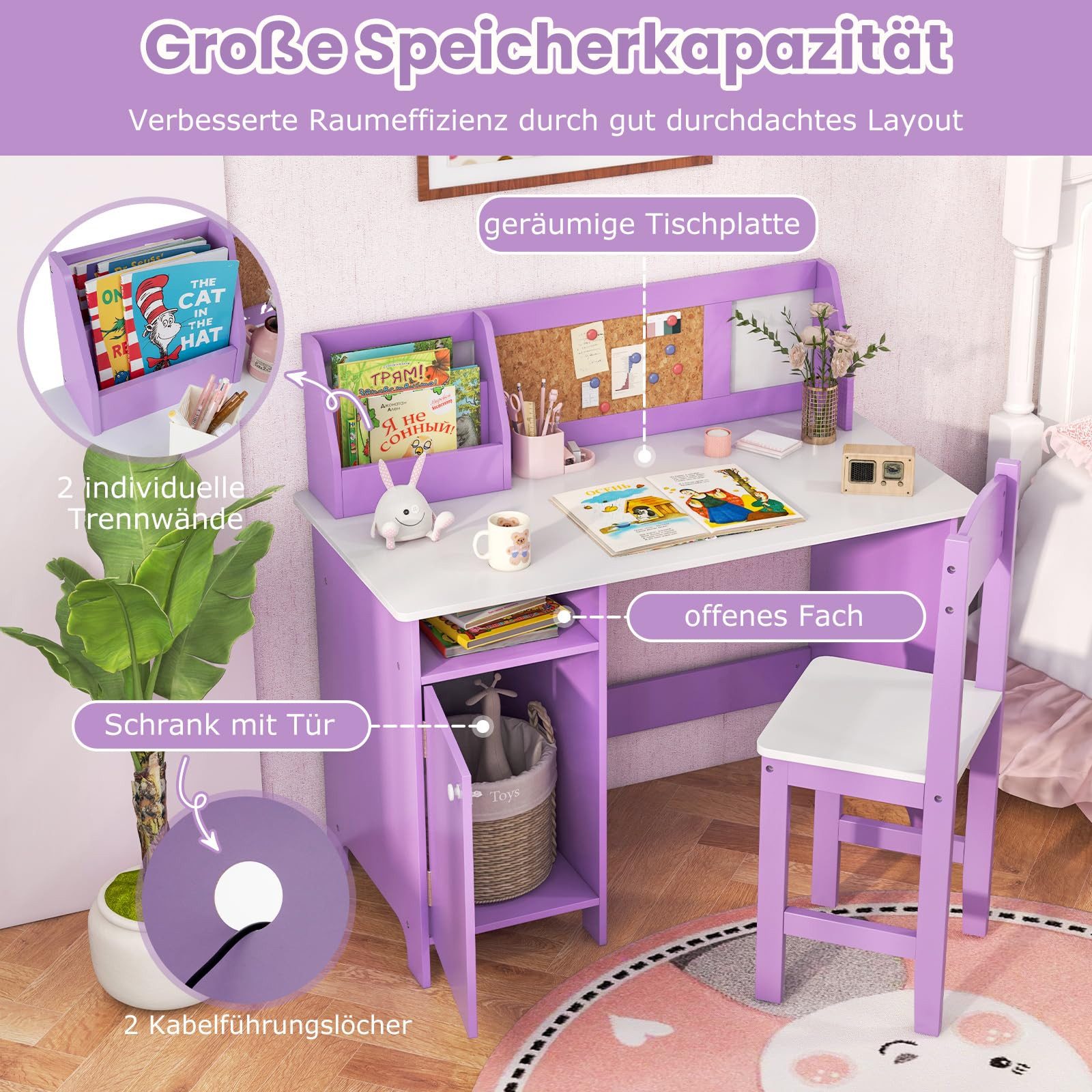 COSTWAY Kinderschreibtisch mit Stuhl Set, Holz, Sitzgruppe mit Bücherregal günstig online kaufen