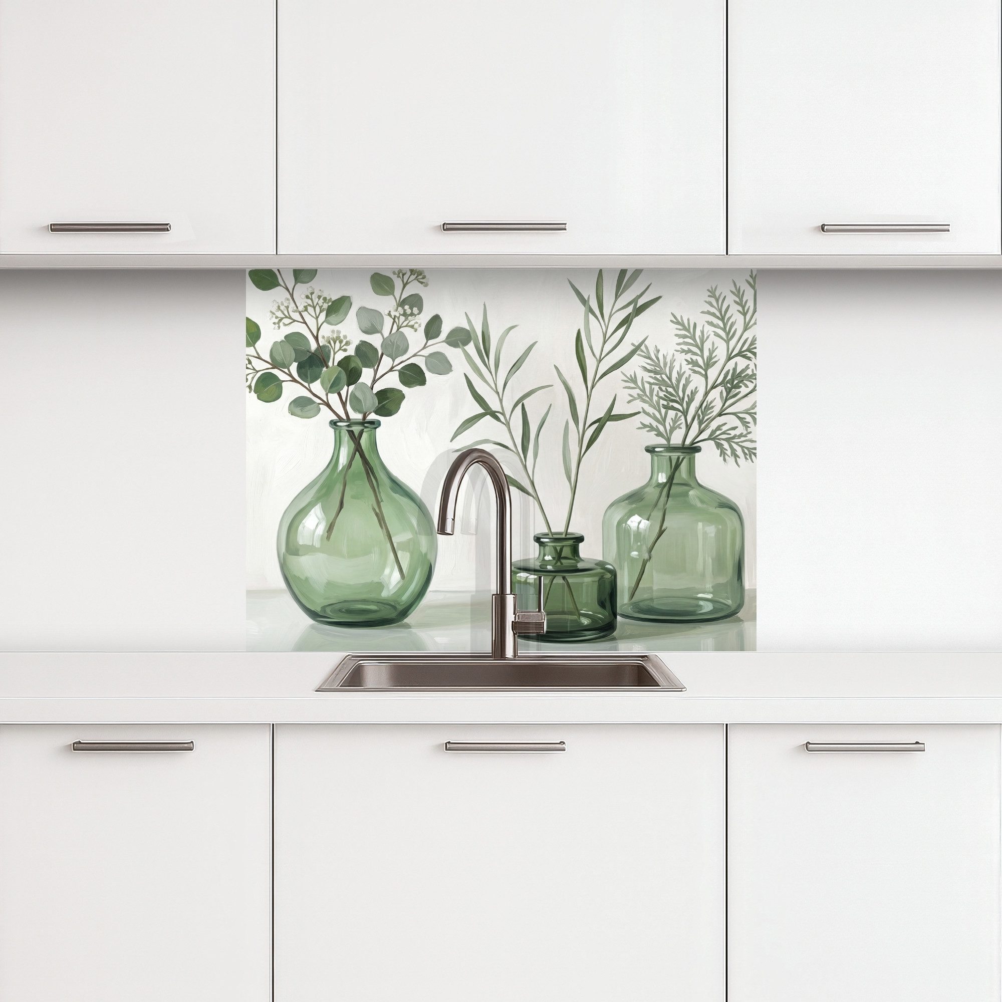 KitchenYeah Küchenrückwand selbstklebend (keine Folie) Vasen - Blätter - Grün, (1-tlg), Spritzschutz, Küche, Rückwand, Küchenwand, Küchenfront, 80x60 cm