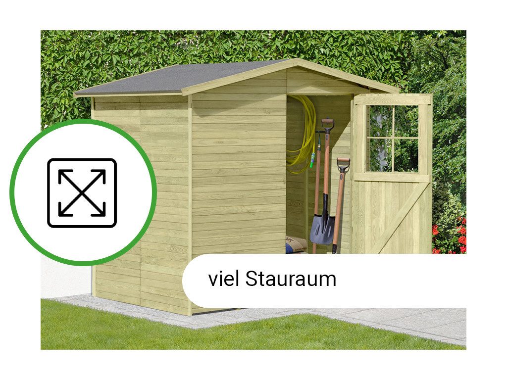 Woodtex Gartenhaus Gerätehaus Frankfurt Gr. 1 14 mm, kesseldruckimprägniert, BxT: 180x145 cm, 14 mm Wandstärke, Einzeltür mit Kunstglas-Einsätzen, Kesseldruckimp...