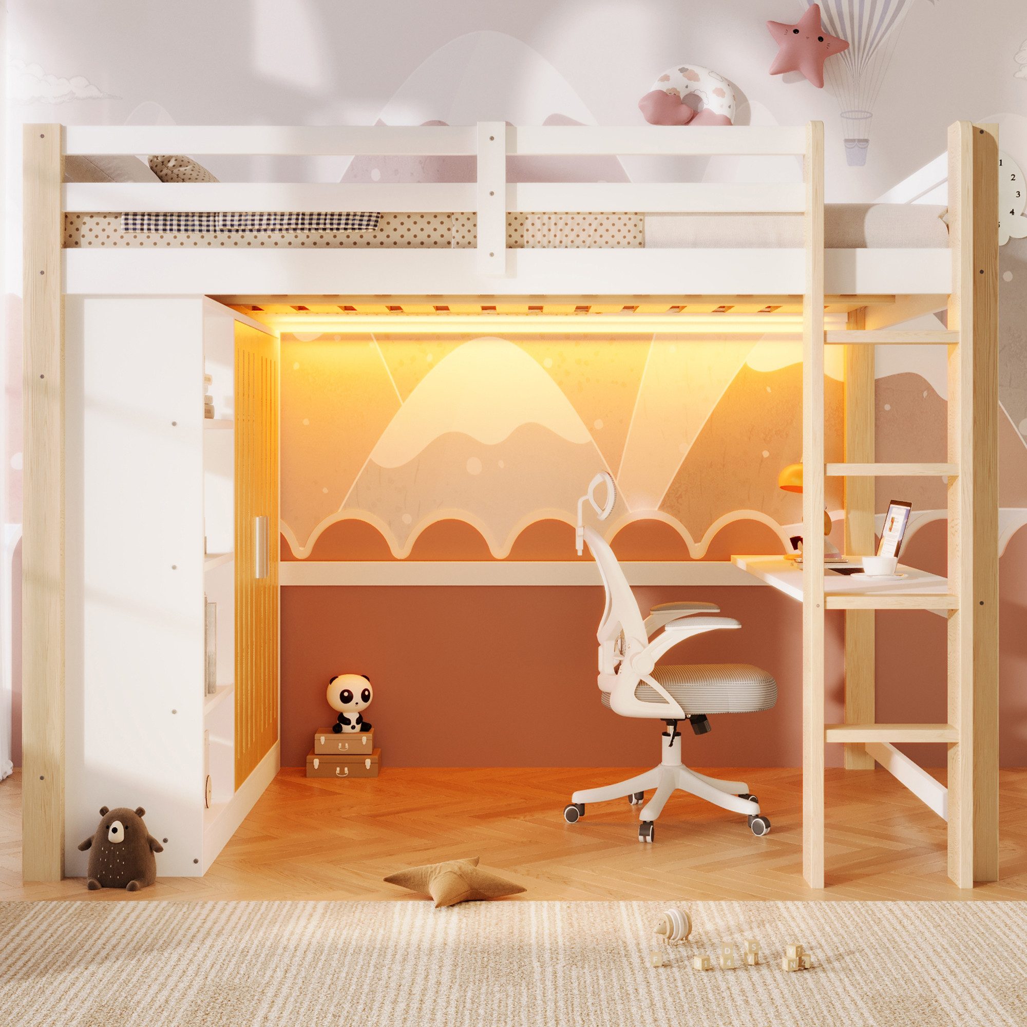 Merax Hochbett mit LED-Beleuchtung (Jugendbett Holzbett, 1-St) Kiefernholz Kinderbett 140x200cm mit Kleiderschrank Regal Schreibtisch
