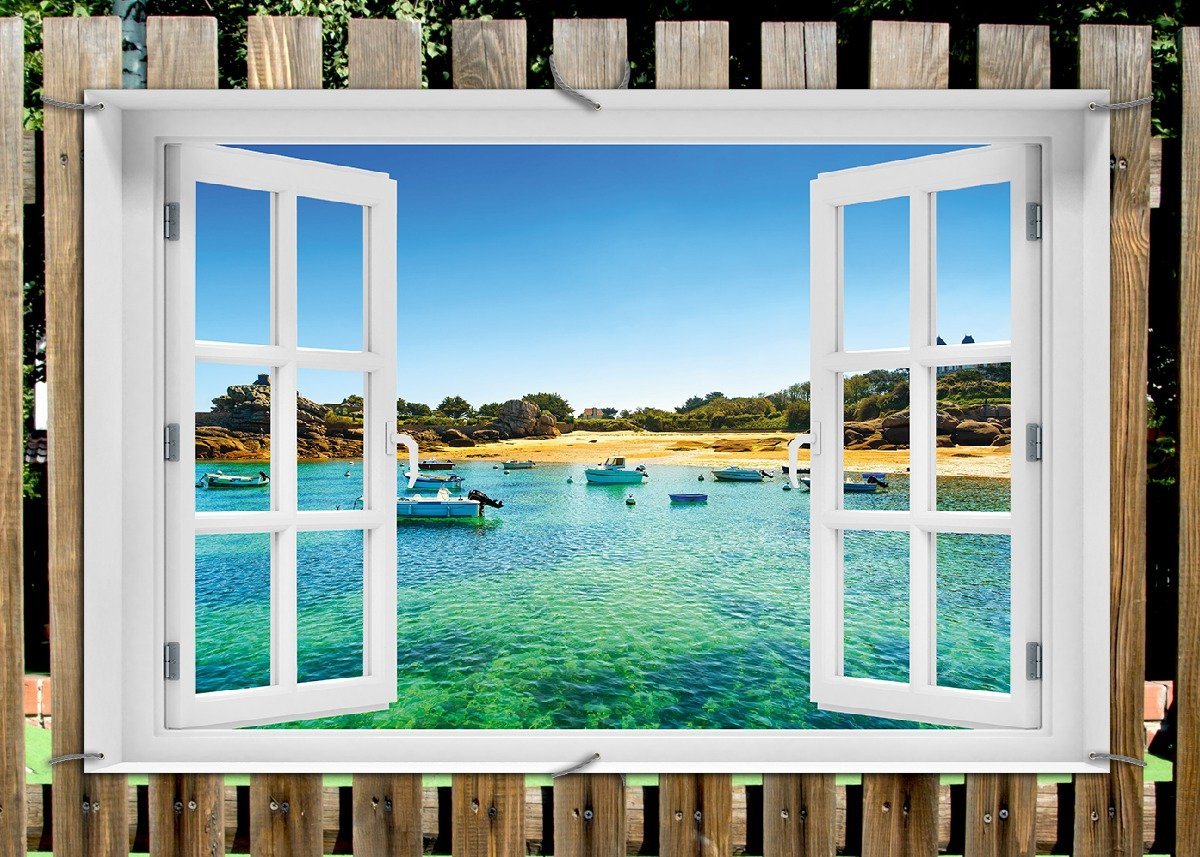Thumbnail - Wallario Sichtschutzzaunmatten Französische Bucht mit klarem Wasser und Booten, mit Fenster-Illusion
