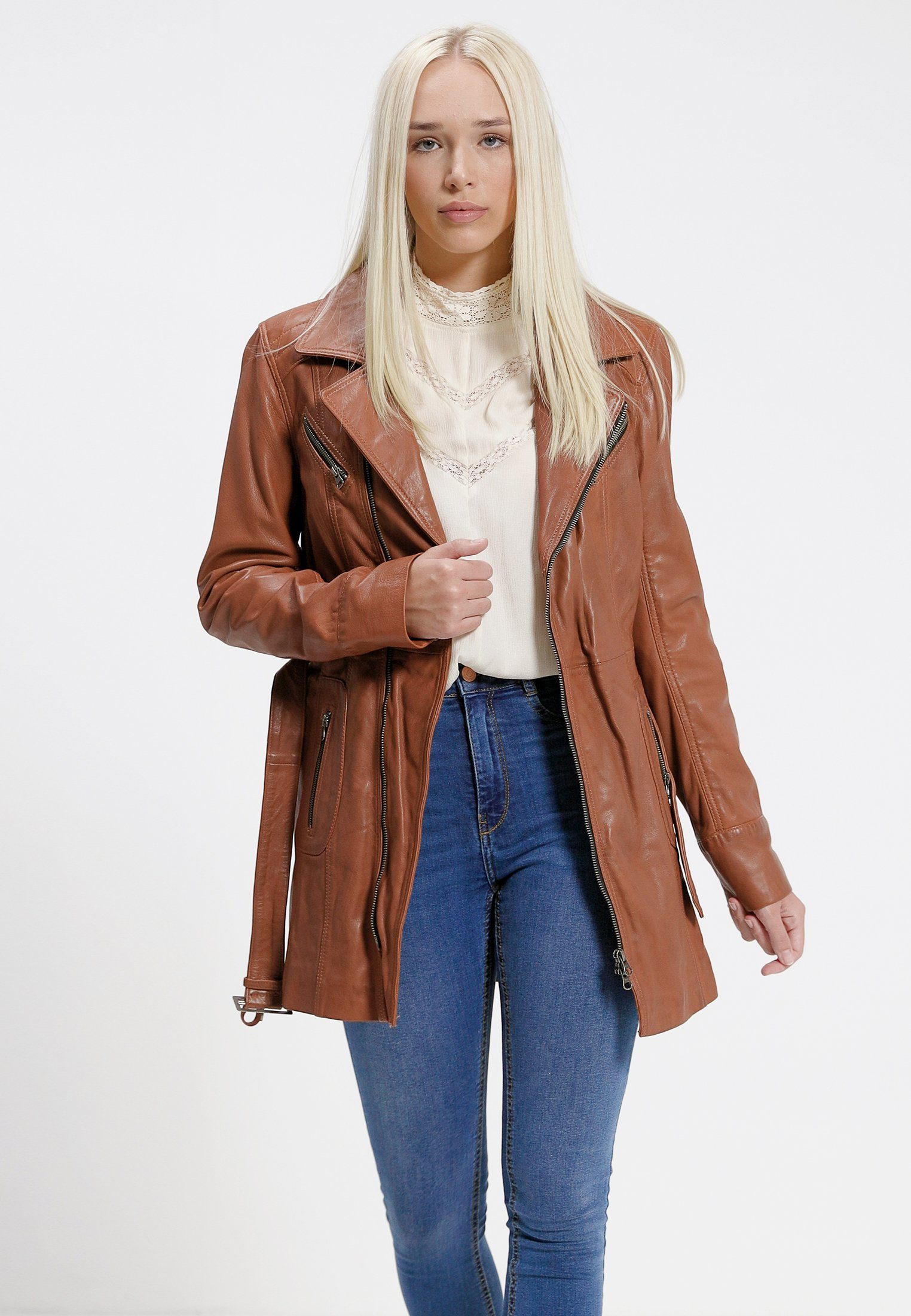 COCO Black Label since1986 Lederjacke Damen Leder Kurzmantel Sara Ledermantel mit Gürtel und Reverskragen