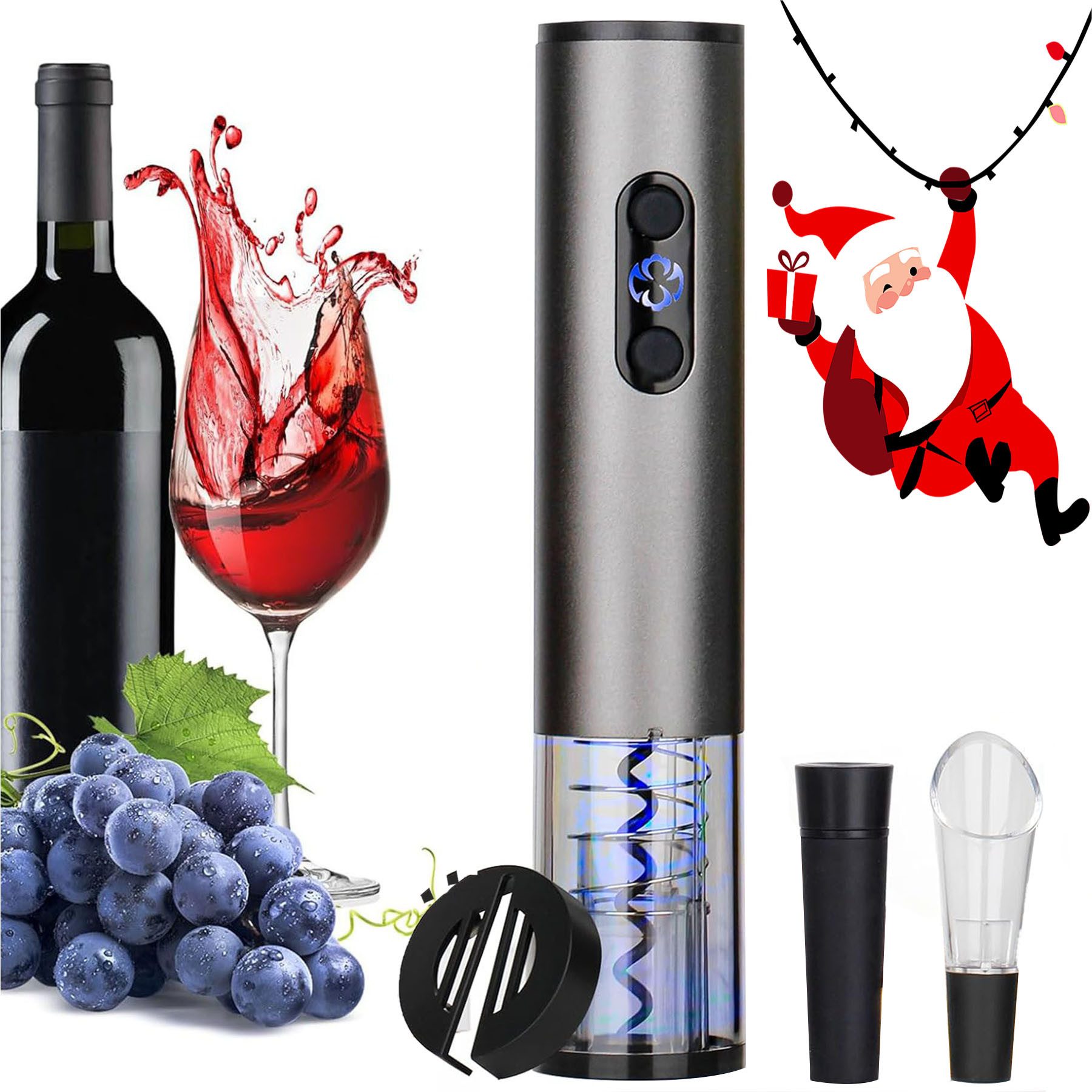 Senmudi Korkenzieher Elektrischer Weinöffner-Set, Batterieversion 4-in-1,Nur 6 Sekunden, (mit Folienschneider, Weinausgießer und Vakuum-Weinstopfen, 4 tlg., Weinöffner-Geschenkset mit Batterie Geschenk für Weinfreunde), Geeignet für Halloween-, Weihnachts- und Thanksgiving-Partys