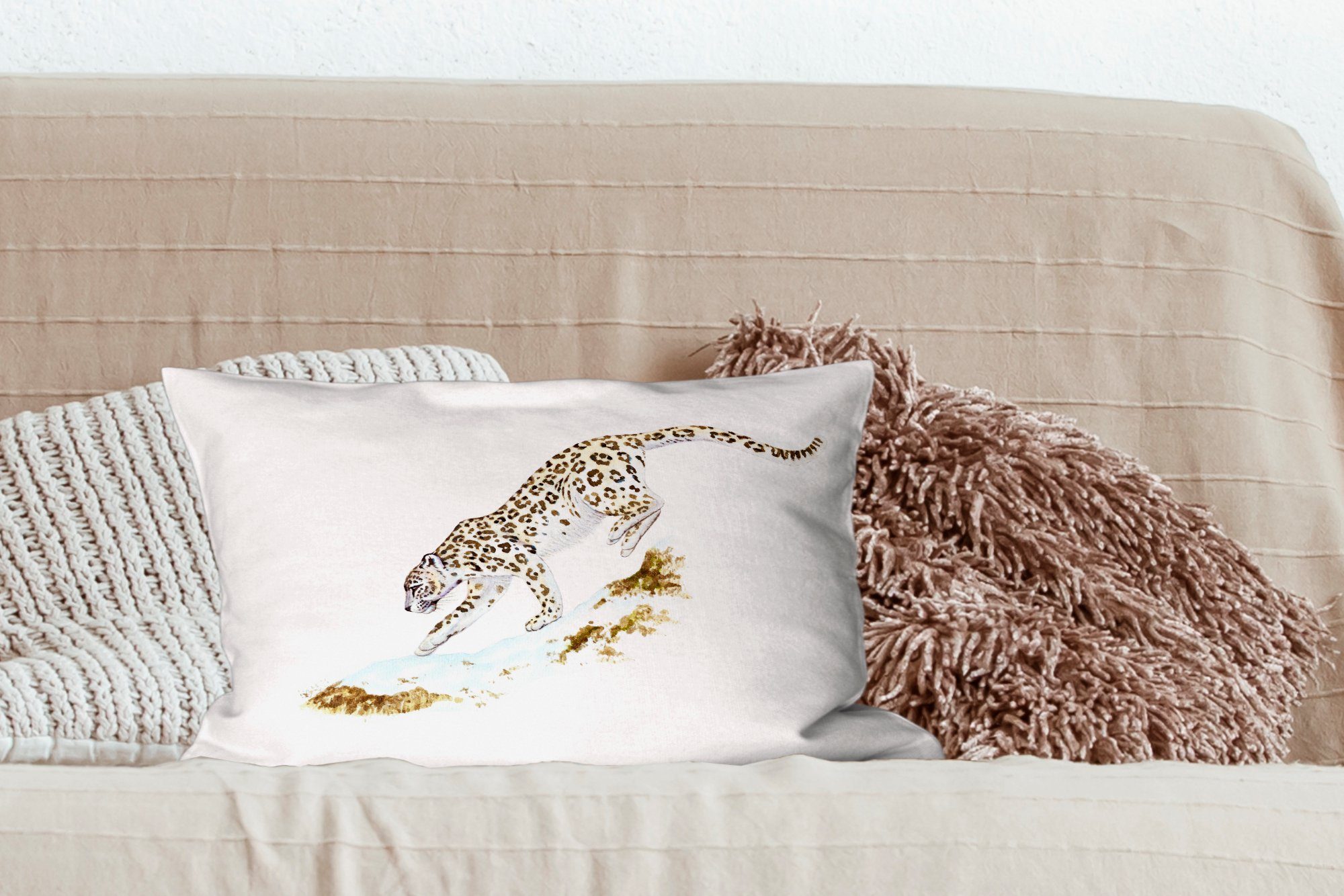 - Wohzimmer Schlafzimmer mit Dekokissen Leopard Aquarell, - Dekoration, Dekokissen Füllung, Schnee MuchoWow Zierkissen,