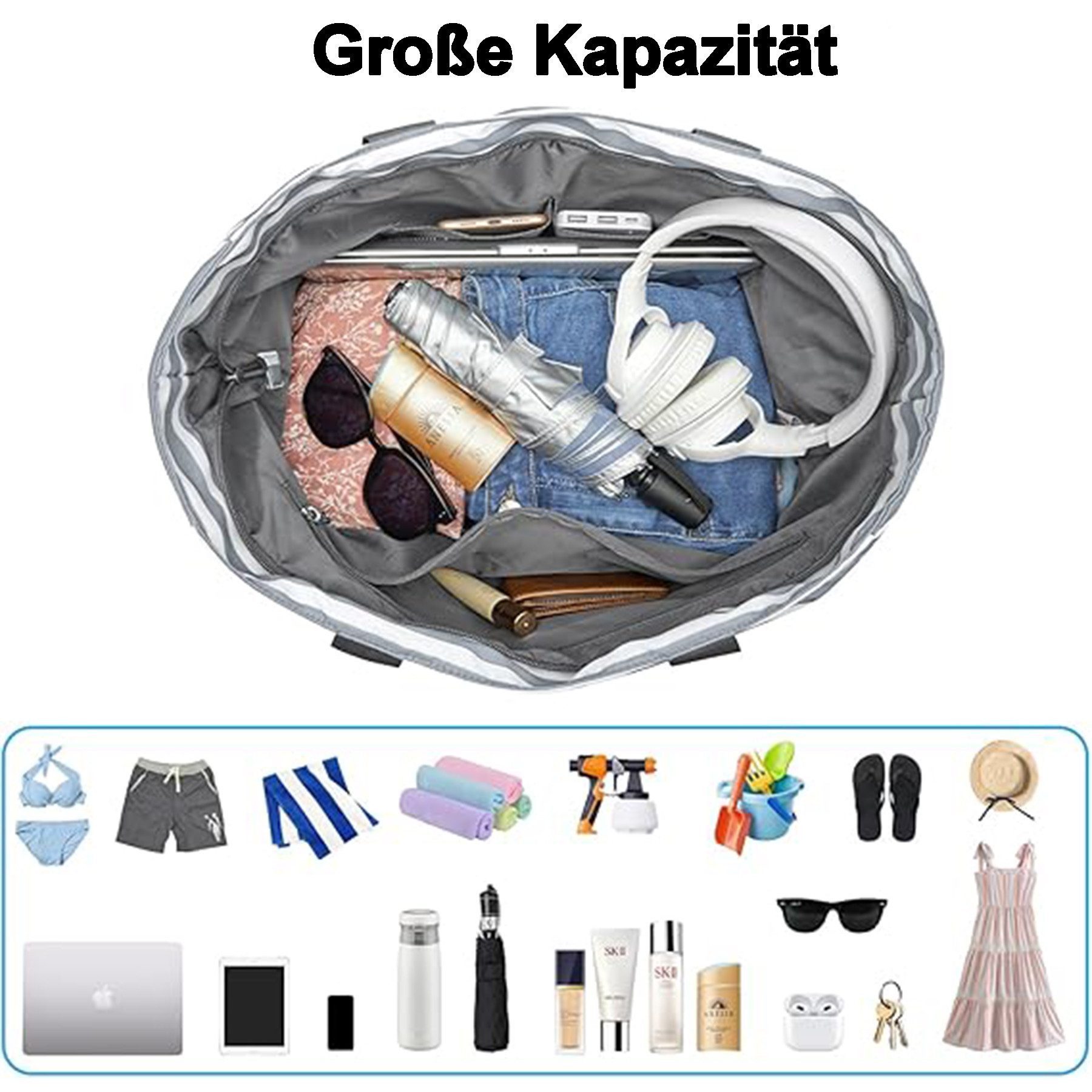 Mutig Strandtasche Große Strandtasche XXL mit Reißverschluss (wasserdichte & faltbare Badetasche, Shopper / Reisetasche / Beach Tote Bag mit mehreren Taschen), für Damen, Strand, Pool, Urlaub, Fitnessstudio & Familie
