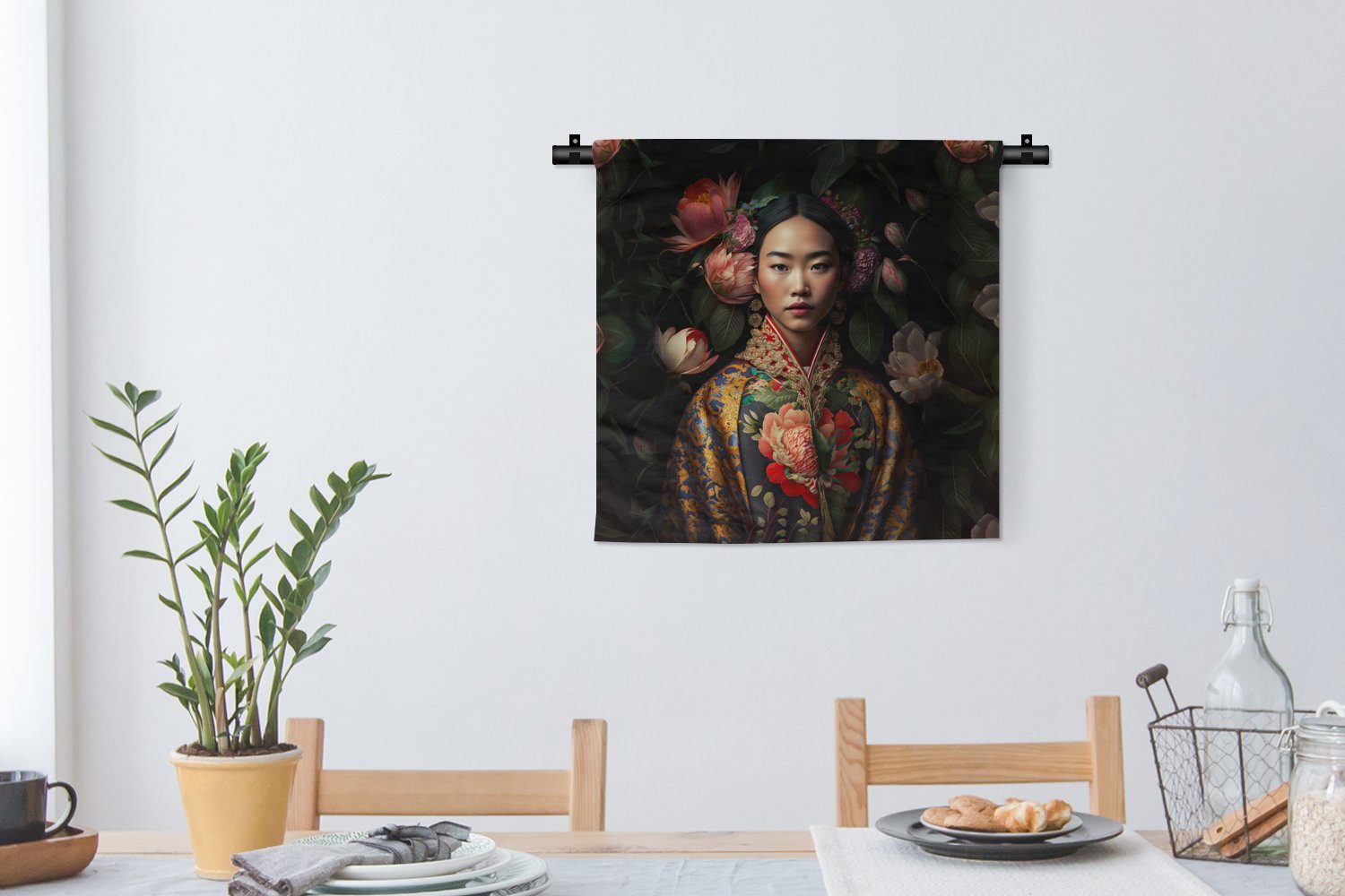 - - Kinderzimmer Wohnzimmer, Wanddekoobjekt Frau für Schlafzimmer, Wandbehang, Blumen - Porträt, Kimono MuchoWow Asiatisch Wanddeko Kleid, -