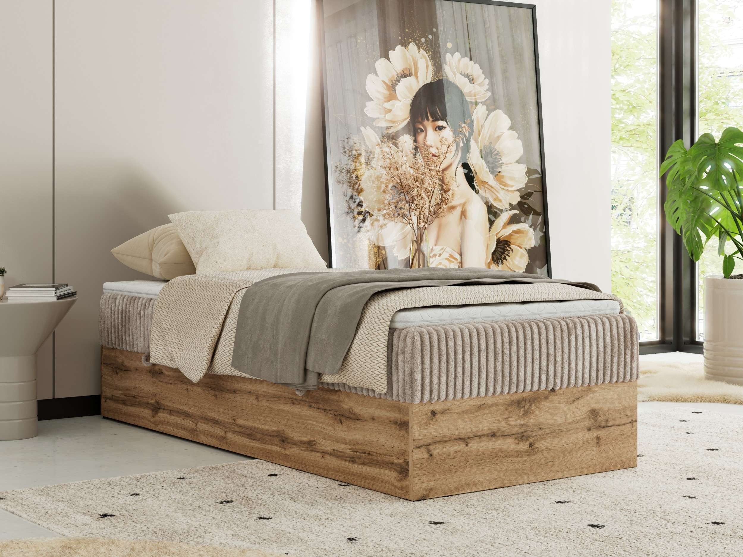 MKS MÖBEL Boxbett WOOD ZERO 90 (Boxspringbett - Set, Bett, Hotelbett, ohne Kopfteil, Topper T25 oder Visco), Polsterbett, Bettkasten, Öffnung, Härtegrad H3/H4