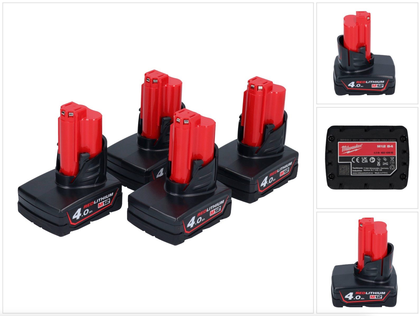 Milwaukee Akku Set 4x M12 B4 12 V 4,0 Ah / 4000 mAh Li-Ion Einschub Akku (4x 4 Akkupacks