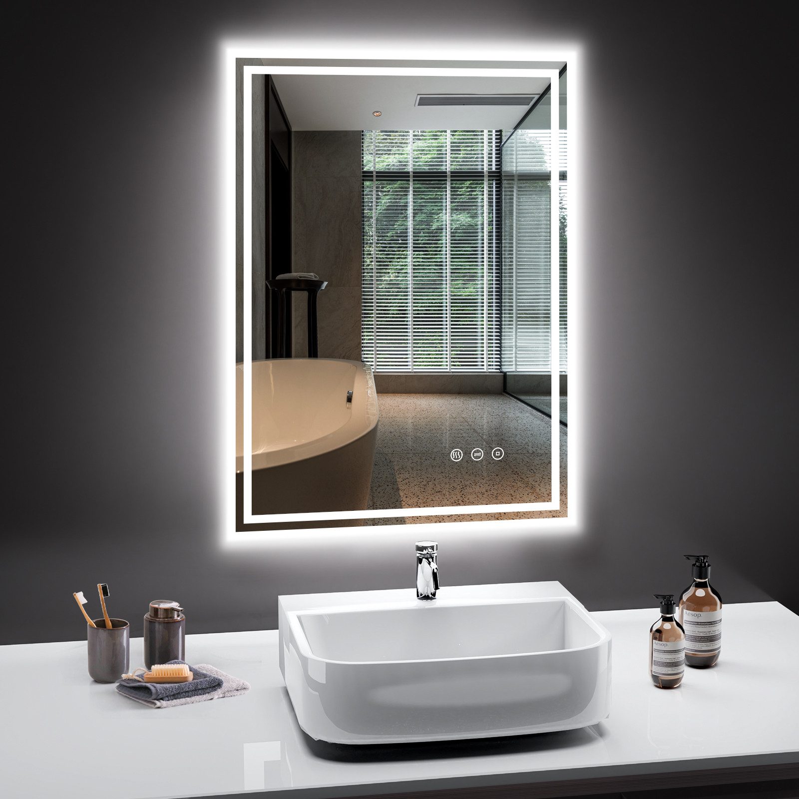 PESENXAN Badspiegel mit Beleuchtung, LED Badezimmer Spiegel, LED Spiegel mit Touchschalter (1-St), 3 Lichtfarben Dimmbar, Anti-Beschlag, 50x70cm