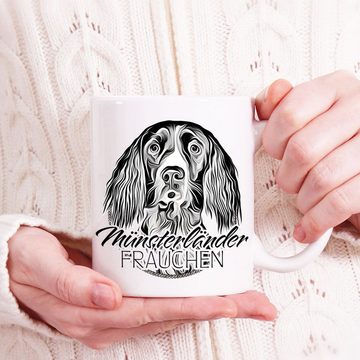 Cadouri Tasse MÜNSTERLÄNDER FRAUCHEN - Kaffeetasse für Hundefreunde, Keramik, mit Hunderasse, beidseitig bedruckt, handgefertigt, Geschenk, 330 ml