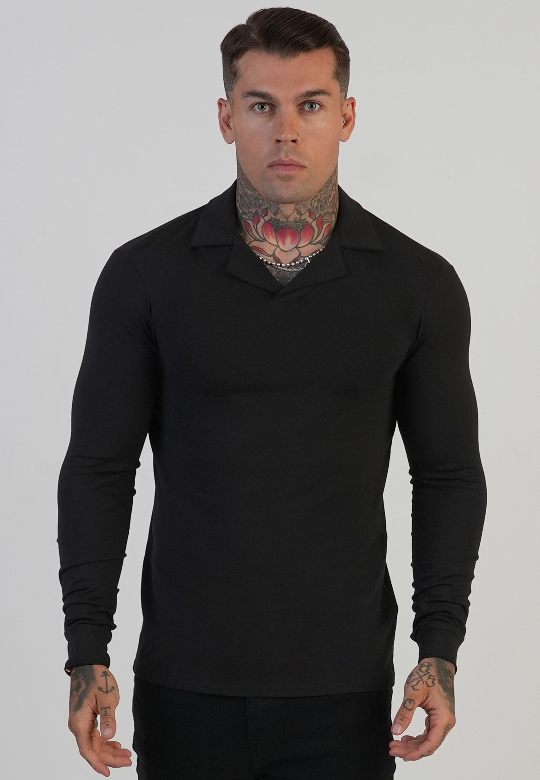 T-Shirt SikSilk Herren Schwarzes Langarm Revere-Polo