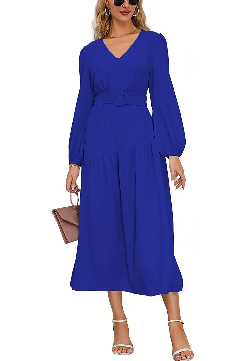 B.X Abendkleid Damen V-Ausschnitt Langärmeliges Kleid Hohe Taille Abendkleider Einfarbig Frauenkleider Elegante schmales Cocktailkleider