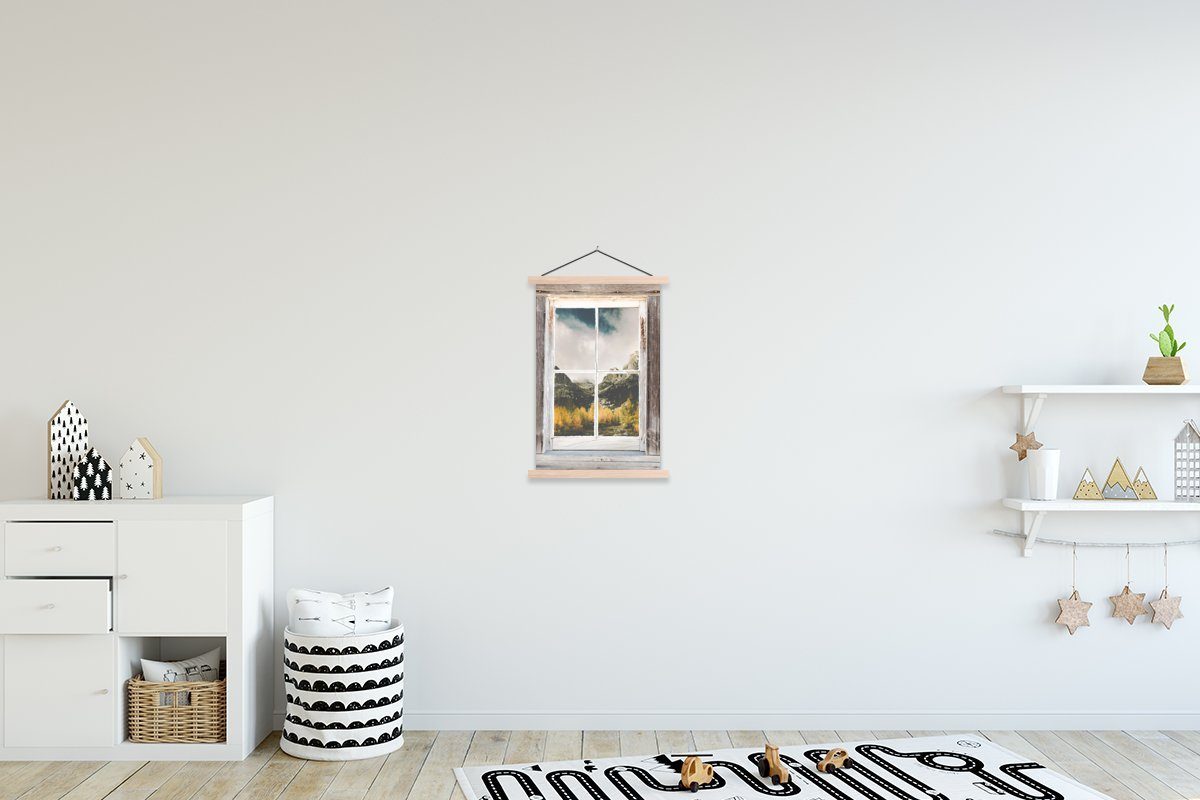 MuchoWow Poster Durchschaubar - Holz - Berge, (1 St), Posterleiste, Textilposter für Wohnzimmer, Bilderleiste, Magnetisch