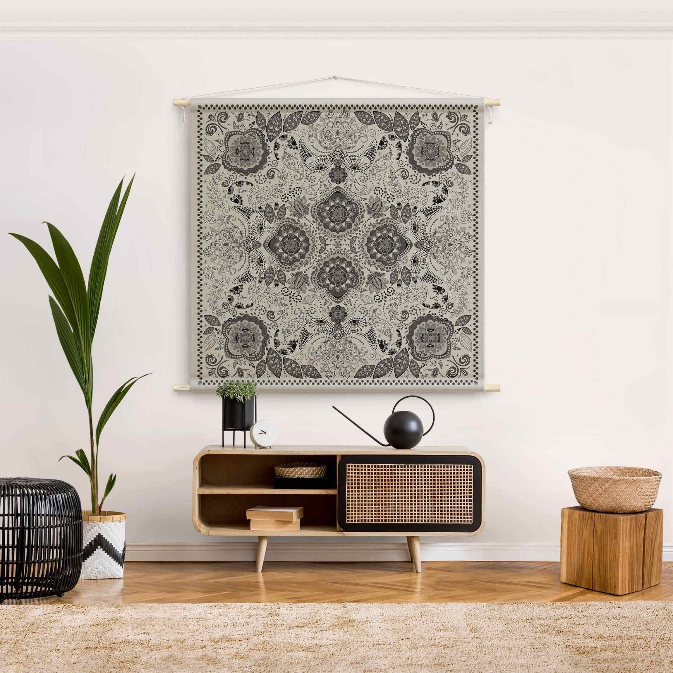 Bilderdepot24 Wandteppich modern Boho Muster Paisley Orientalisch Spirituell grau, quadratisch, Höhe: 2.6 mm, großes Wandbild aus Natur-Baumwolle Wandbehang Stoffbild Tuch Wollseil