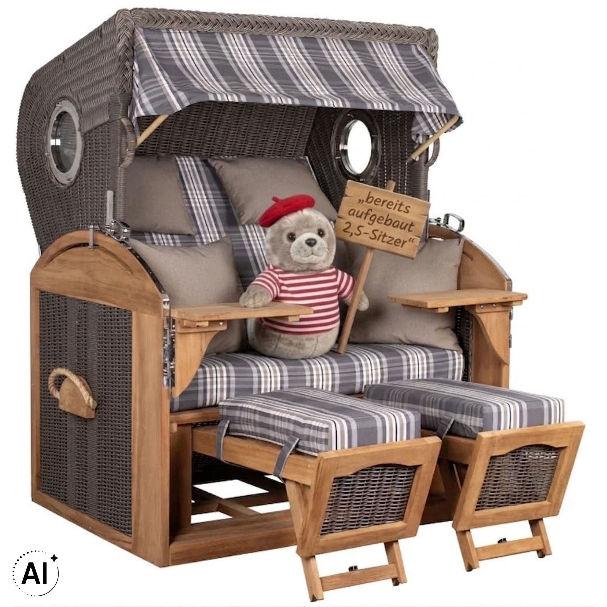 MR.DEKO Strandkorb XL Schillig Volllieger Teak PE Grey 2,5-Sitzer Bullauge, BxTxH: 142x95x170 cm, Vollieger, Schillig XL, (bereits montiert, ideal für Garten, Terasse und großen Balkon, 1-tlg), 2,5 Sitzer Strandkorb XL, Vollieger verstellbar