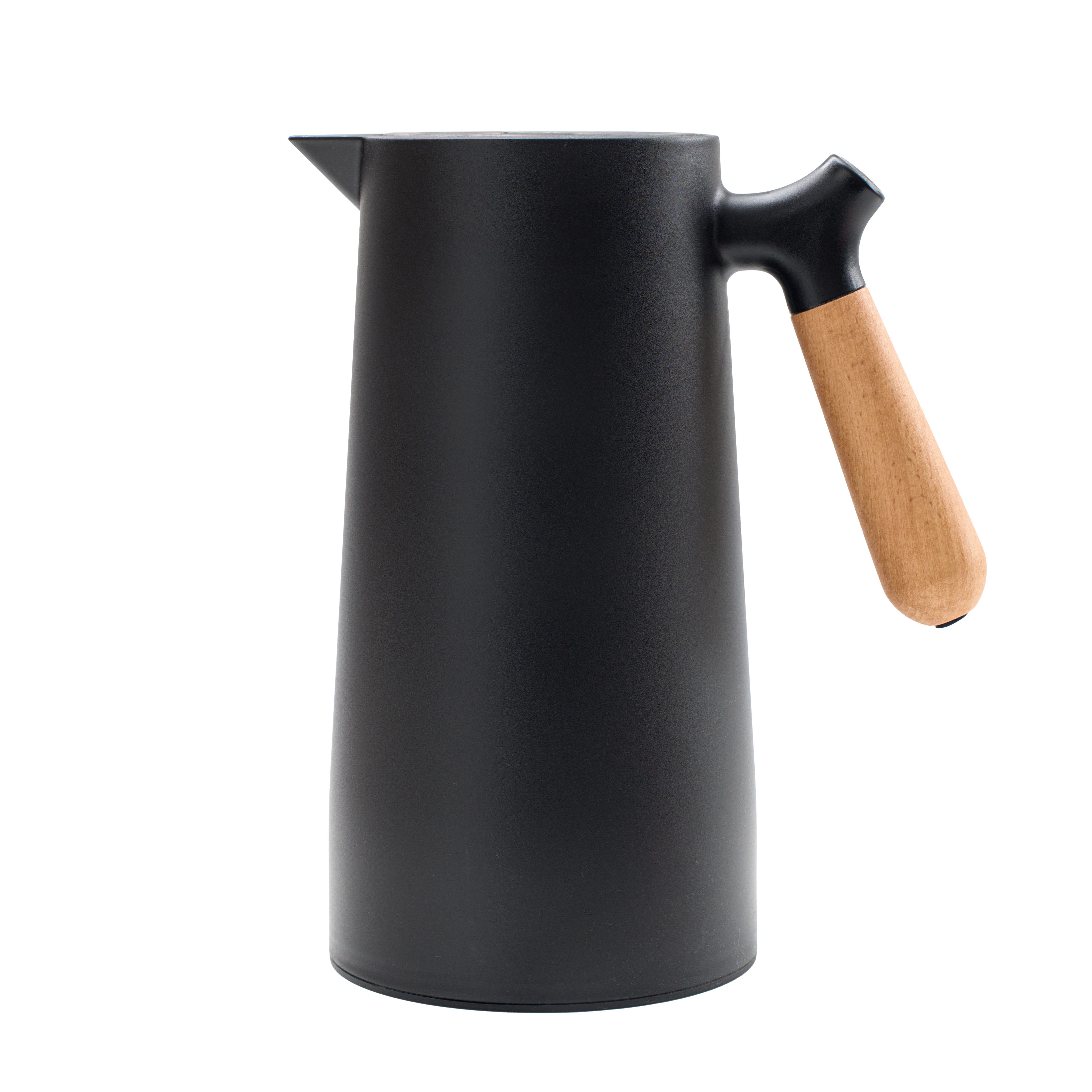 KVOTA Isolierkanne 1L Thermoskanne Glaskolbe Schwarz Holzgriff 1-Click Öffnung, 1 l