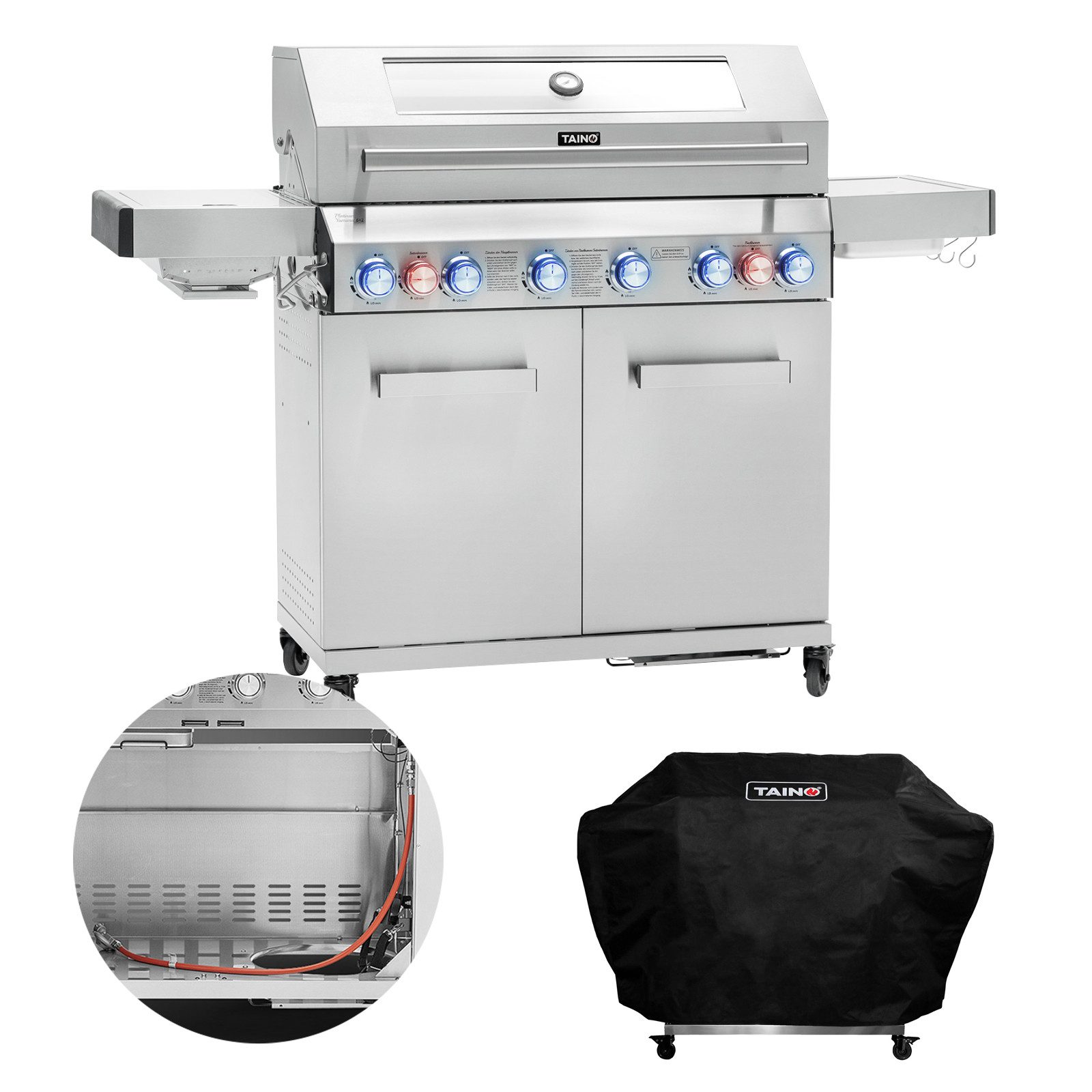 TAINO Gasgrill PLATINUM YAMARA 6+2 mit Haube, Spar-Set, 6 Hauptbrenner, Sear-Zone, Heckbrenner, Edelstahl, Silber
