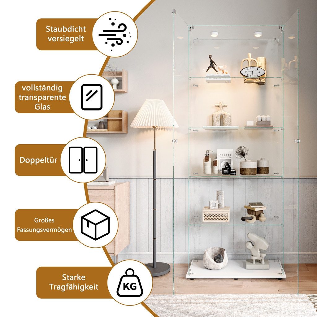 Simurq Glasvitrine Standvitrinen mit LED-Beleuchtung, Modern Glas Vitrinenschrank (1-St,Glas Vitrine mit 2 Glastür und 5 Lagen,Standvitrine mit Schloss) Modern  – Bild 4 von 5
