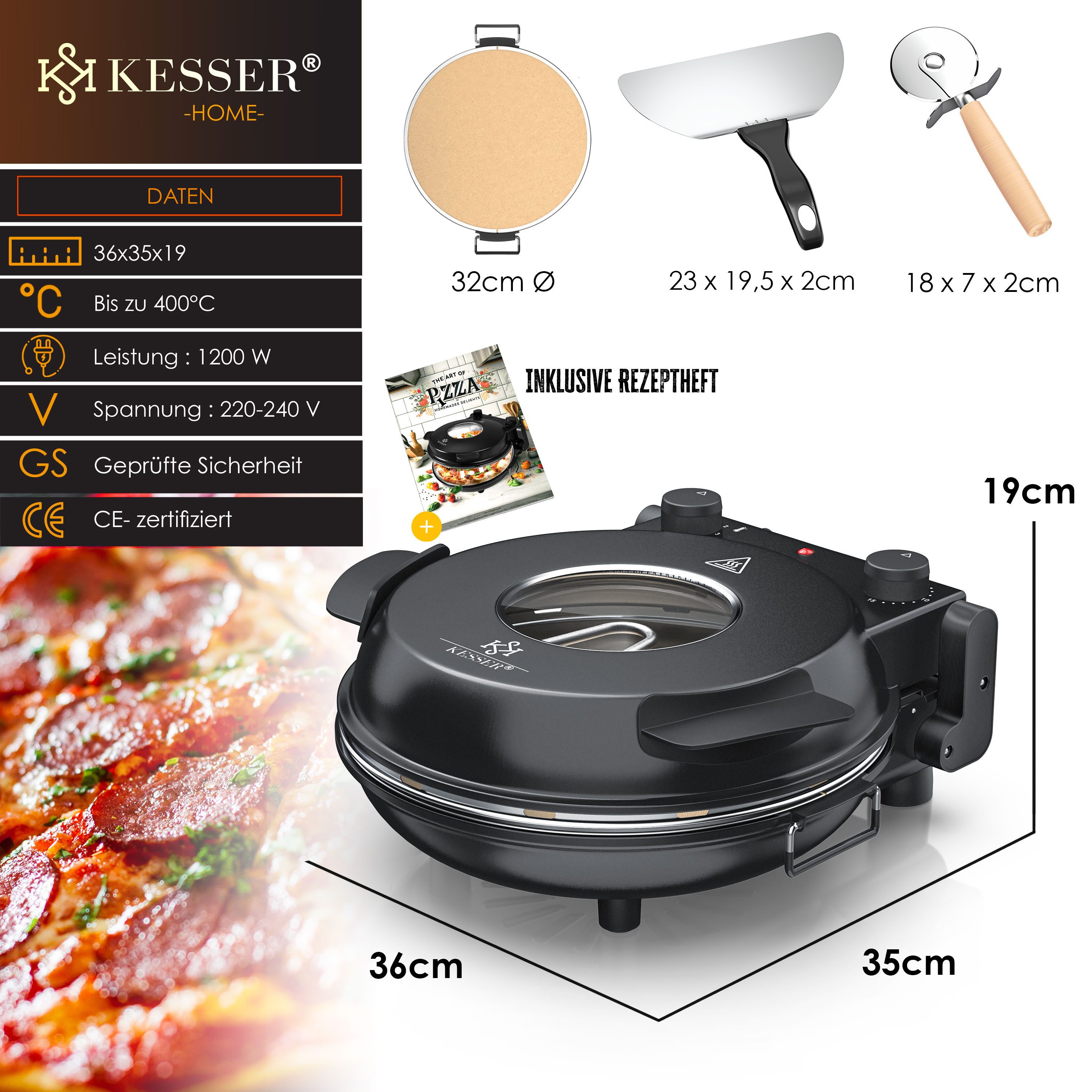 KESSER Pizzaofen 400°C mit feuerfestem Pizzastein ⌀32cm & 5 Heizstufen Steinofen Pizza, 1200W Elektrischer Pizzabäcker mit Timer, Pizzaschneider & Rezeptbuch – Bild 4 von 5
