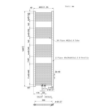 duschspa Badheizkörper Heizkörper Handtuchwärmer Heizung Handtuchtrockner 1600x400mm Weiß