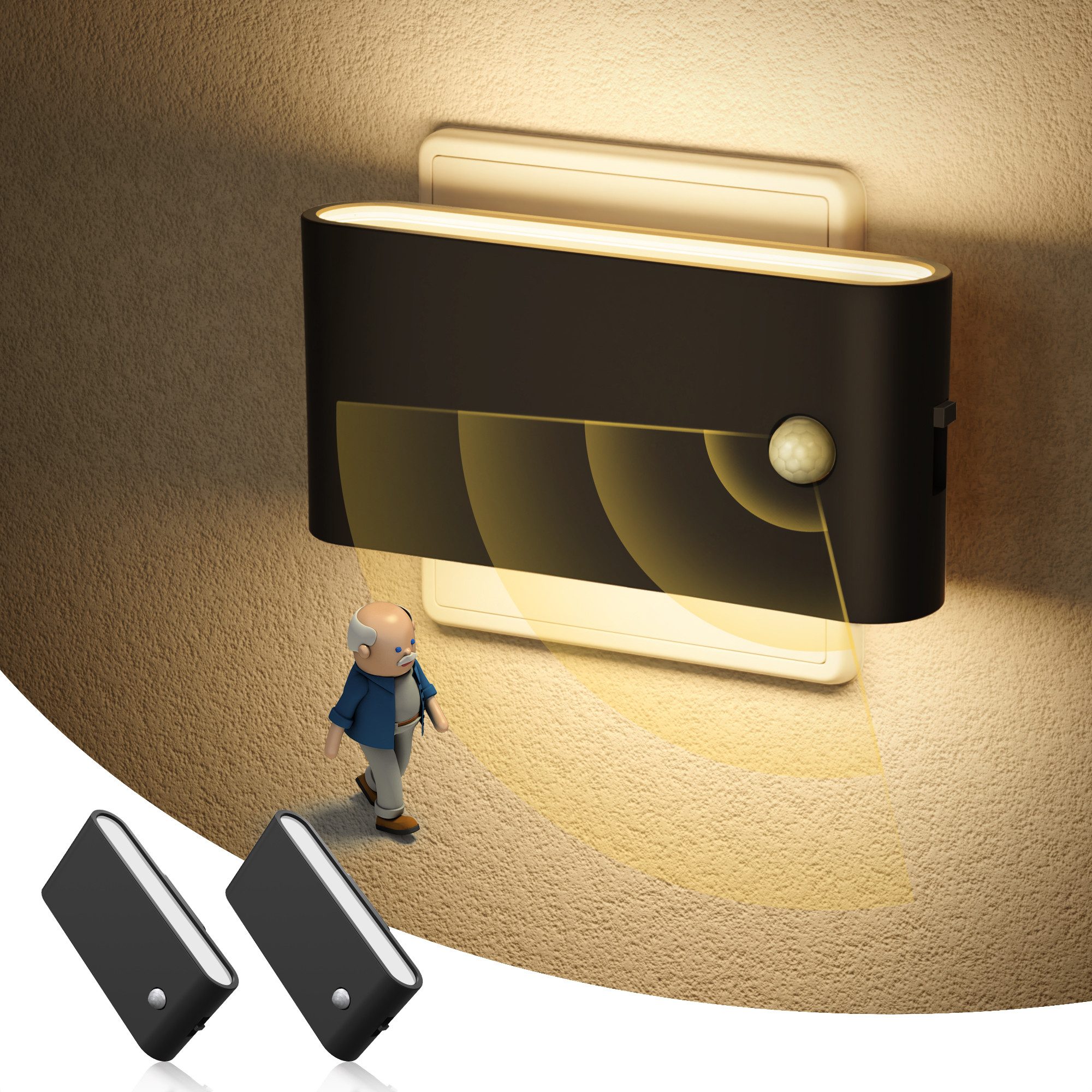LOHAS-LED Nachtlicht Horizontaler Steckdosen-Nachtlicht 2er-Set mit Bewegungsmelder, LED fest integriert, Warmweiß, 0–100% dimmbar, 3 Modi, Typ F Schuko Stecker für Flur & Schlafzimmer