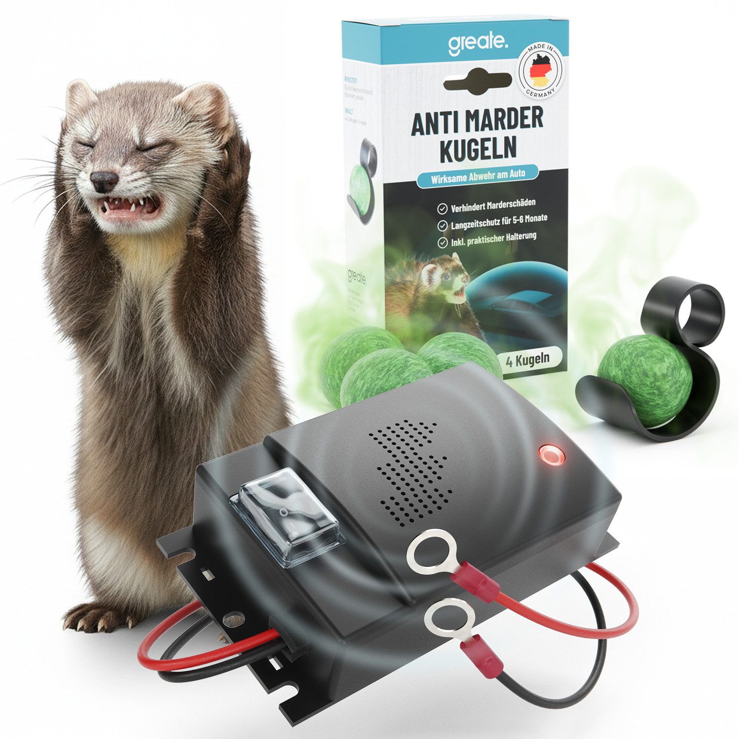 greate. Vergrämungsmittel Marderabwehr Set - Marderschreck Duft Kugeln + Marderschreck Auto, 2-St.