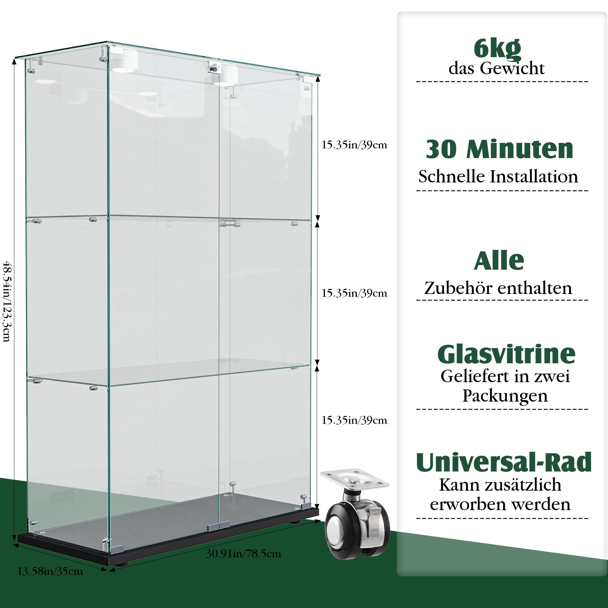 Simurq Glasvitrine Standvitrinen mit LED Beleuchtung Vitrinenschrank mit Glastür (glas vitrine mit 2 Glastür und 3 Lagen,Schloss,Kippsicherung) Sammlervitrine aus gehärtetes Glas,Modernes rahmenloses Design