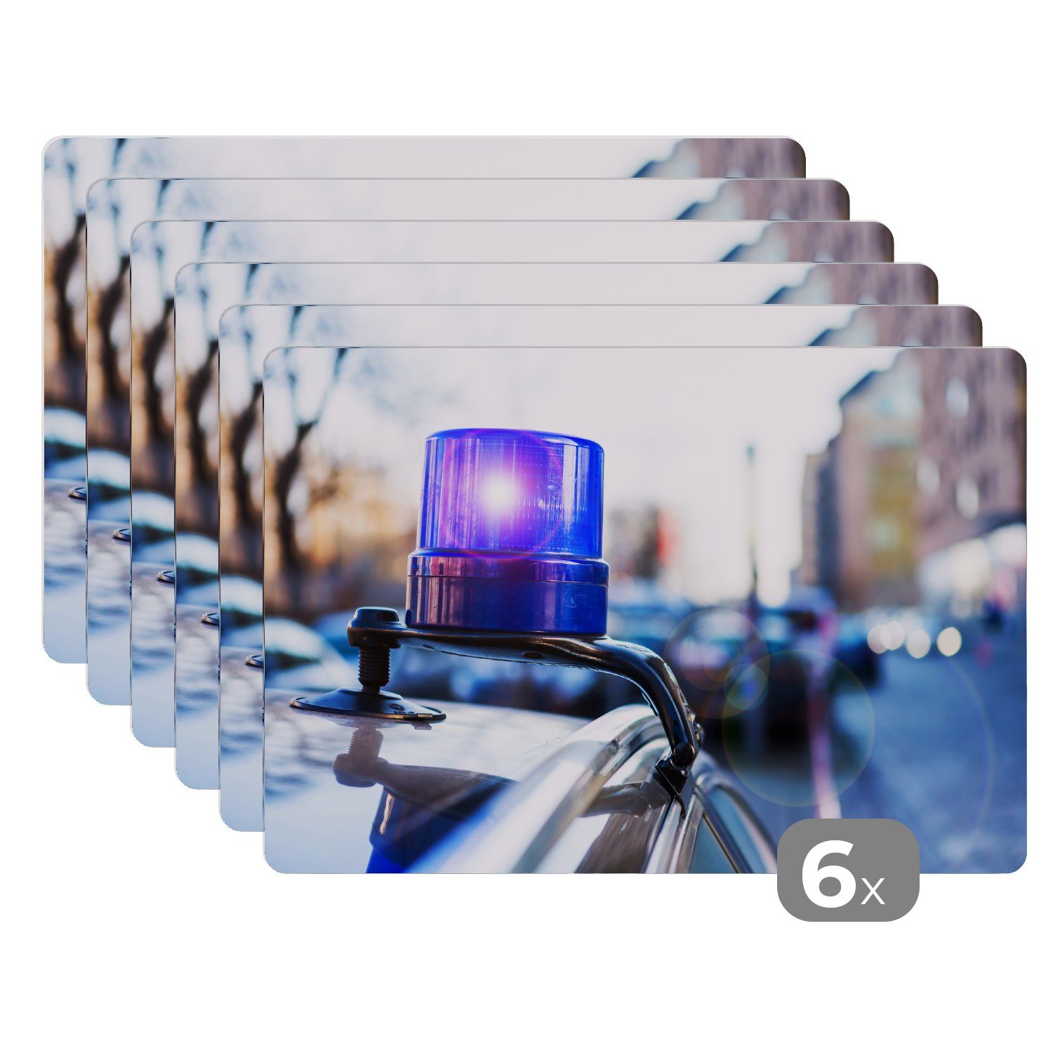 Platzset, Blinkendes Licht eines Polizeiautos auf ein ziviles Auto, MuchoWow, (6-St), Platzset, Platzdecken, Platzmatte, Tischmatten, Schmutzabweisend