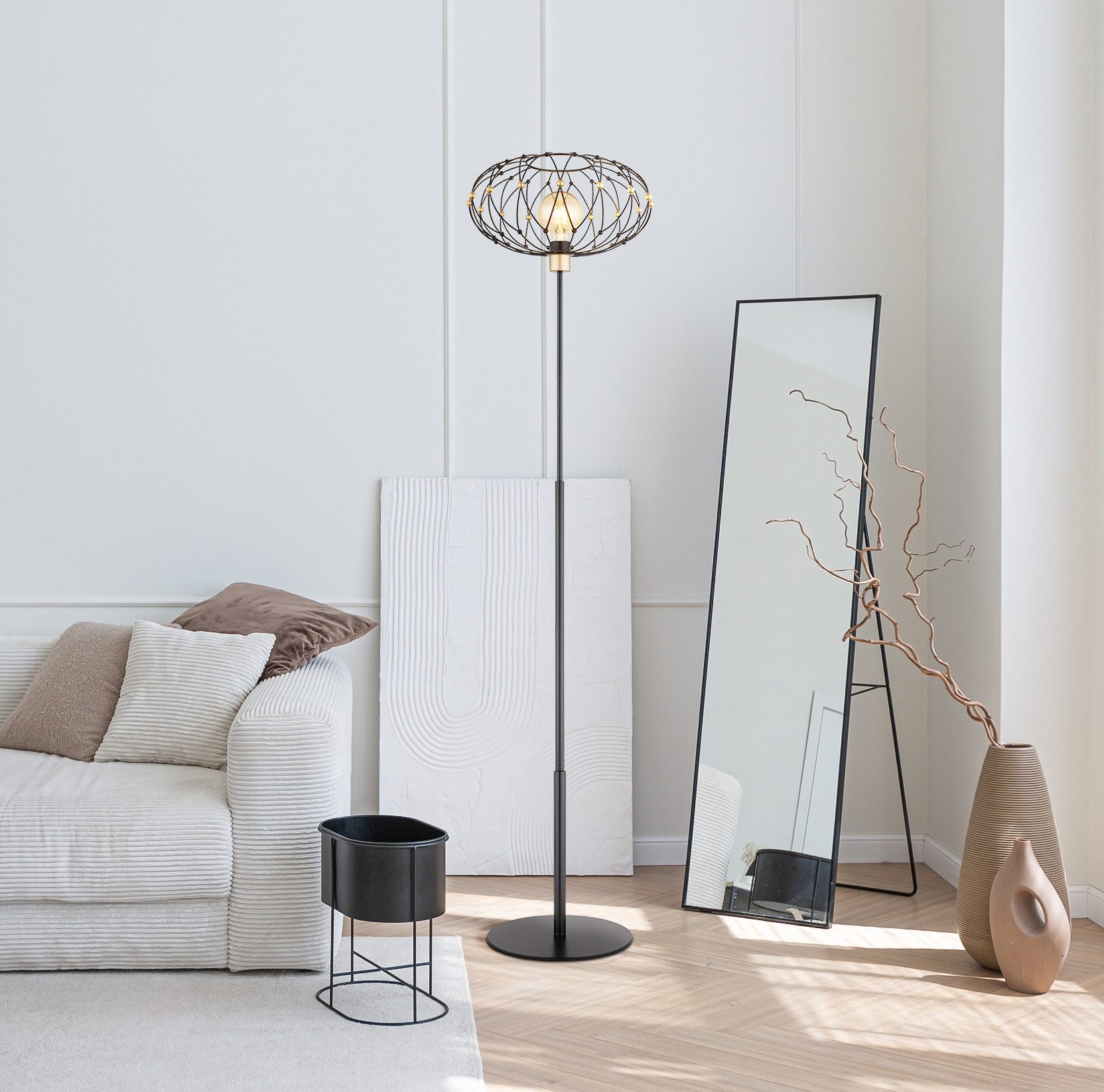 GLOBO LIGHTING Stehlampe GREYS, ohne Leuchtmittel, Stehleuchte Schwarz/Gold, Metallgeflecht, Fußtritt, E27