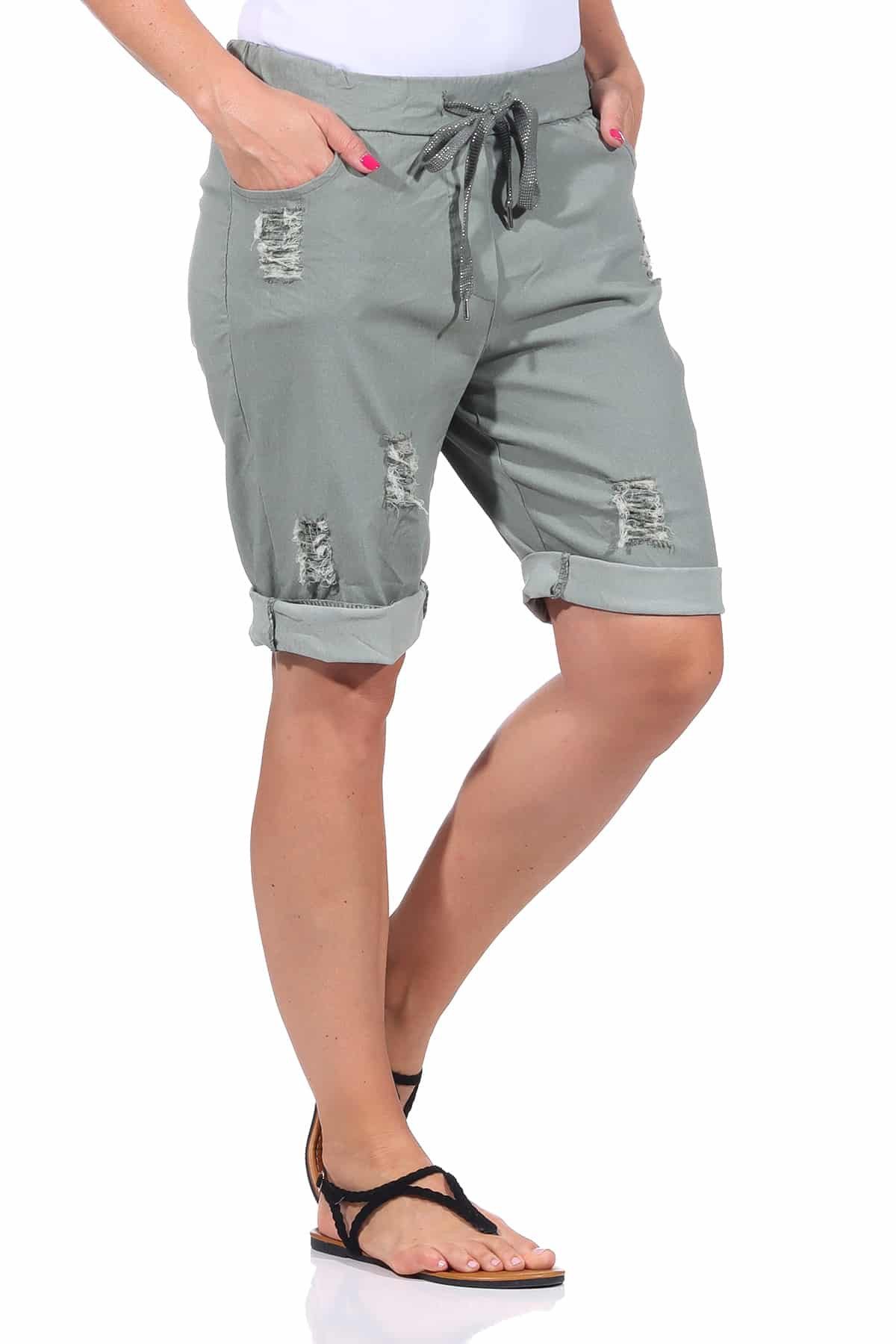 OriginalYou Bermudas Damen Bermuda kurze Sommer Hose im Distressed Look Knitterlook, mit Gummibund & Kordelzug, 38/40 bis 44/46 erhältlich