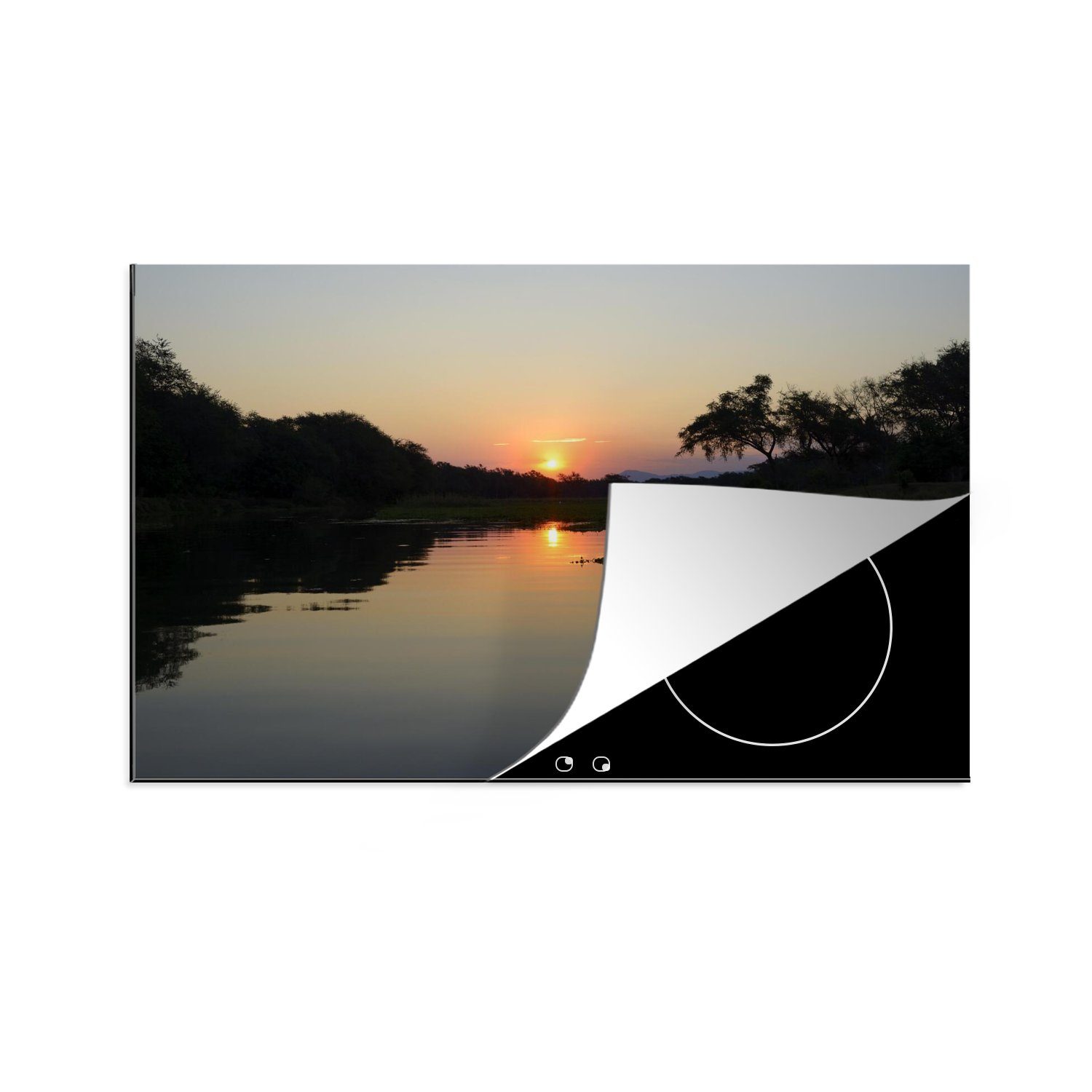 MuchoWow Herdblende-/Abdeckplatte Sonnenuntergang am Sambesi-Fluss im Lower Zambezi National Park, Vinyl, (1 tlg), 81x52 cm, Induktionskochfeld Schutz für die küche, Ceranfeldabdeckung