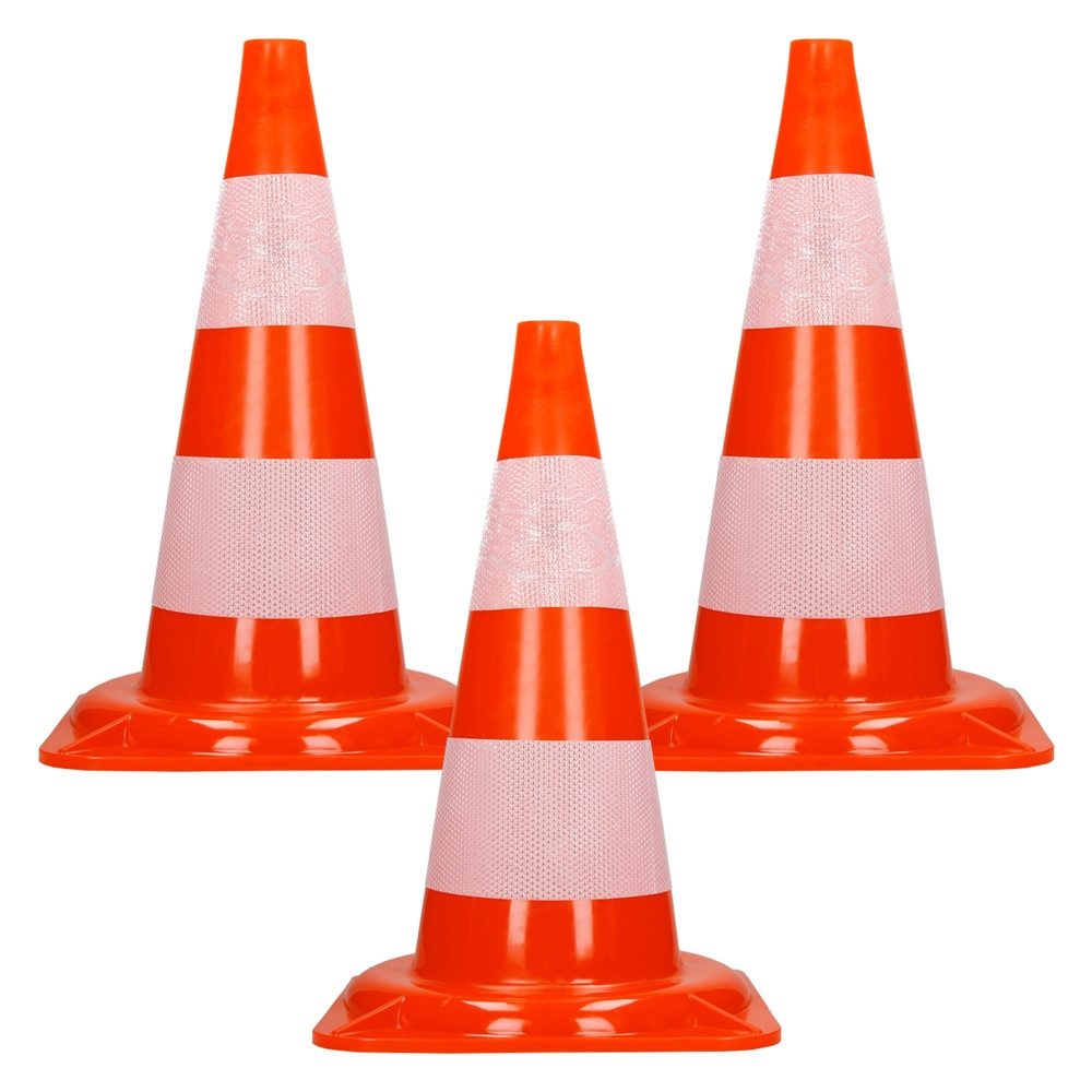 ECD Germany Warndreieck Verkehrsleitkegel aus PVC mit 2 reflektierenden Streifen Leitkegel, 3-tlg., Verkehrskegel Pylone 47cm Warnleitkegel Warnkegel Markierungskegel