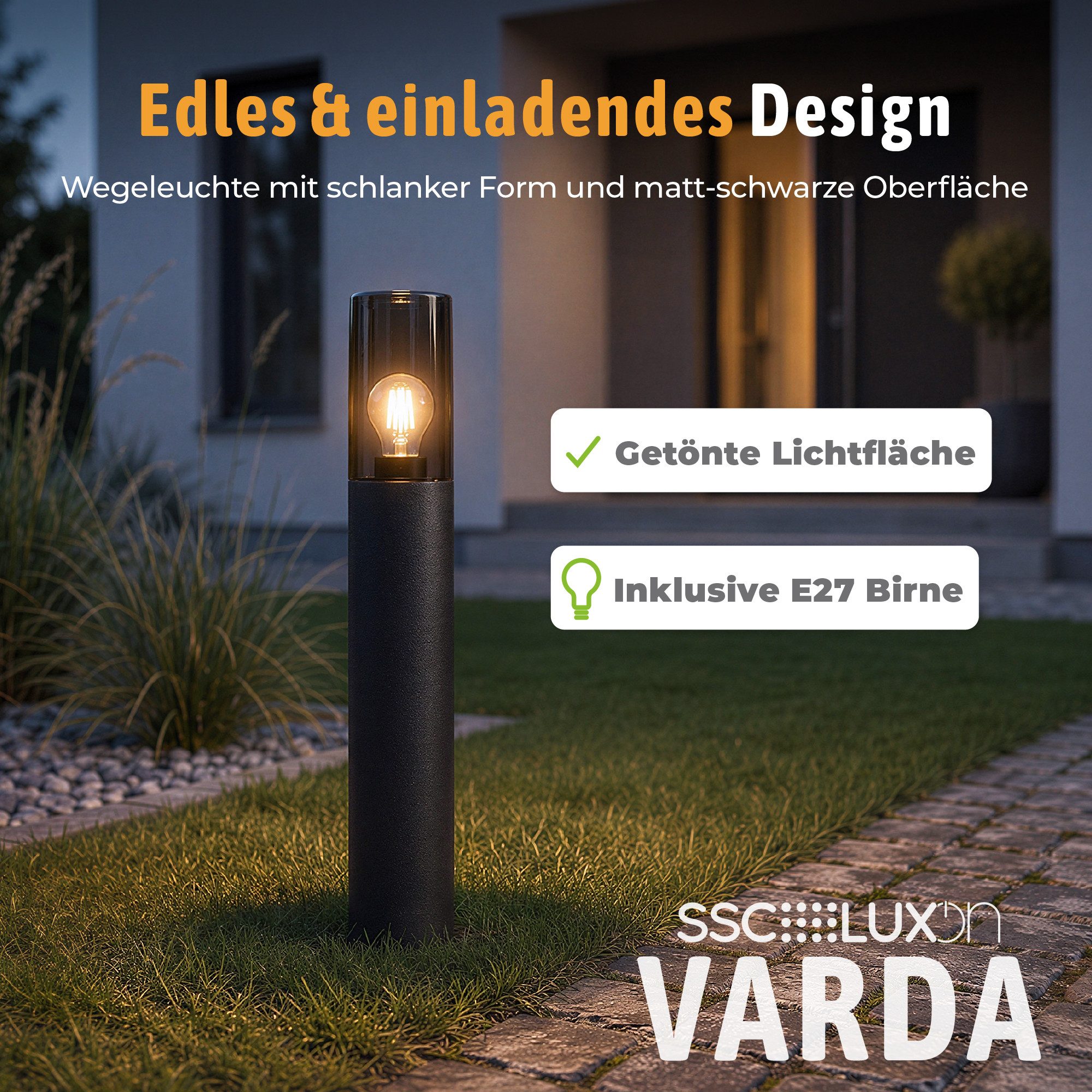SSC-LUXon LED Gartenstrahler VARDA Wegeleuchte Pollerleuchte mit Smart E27 LED Lampe WLAN dim CCT, Neutralweiß, Warmweiß, Tageslichtweiß